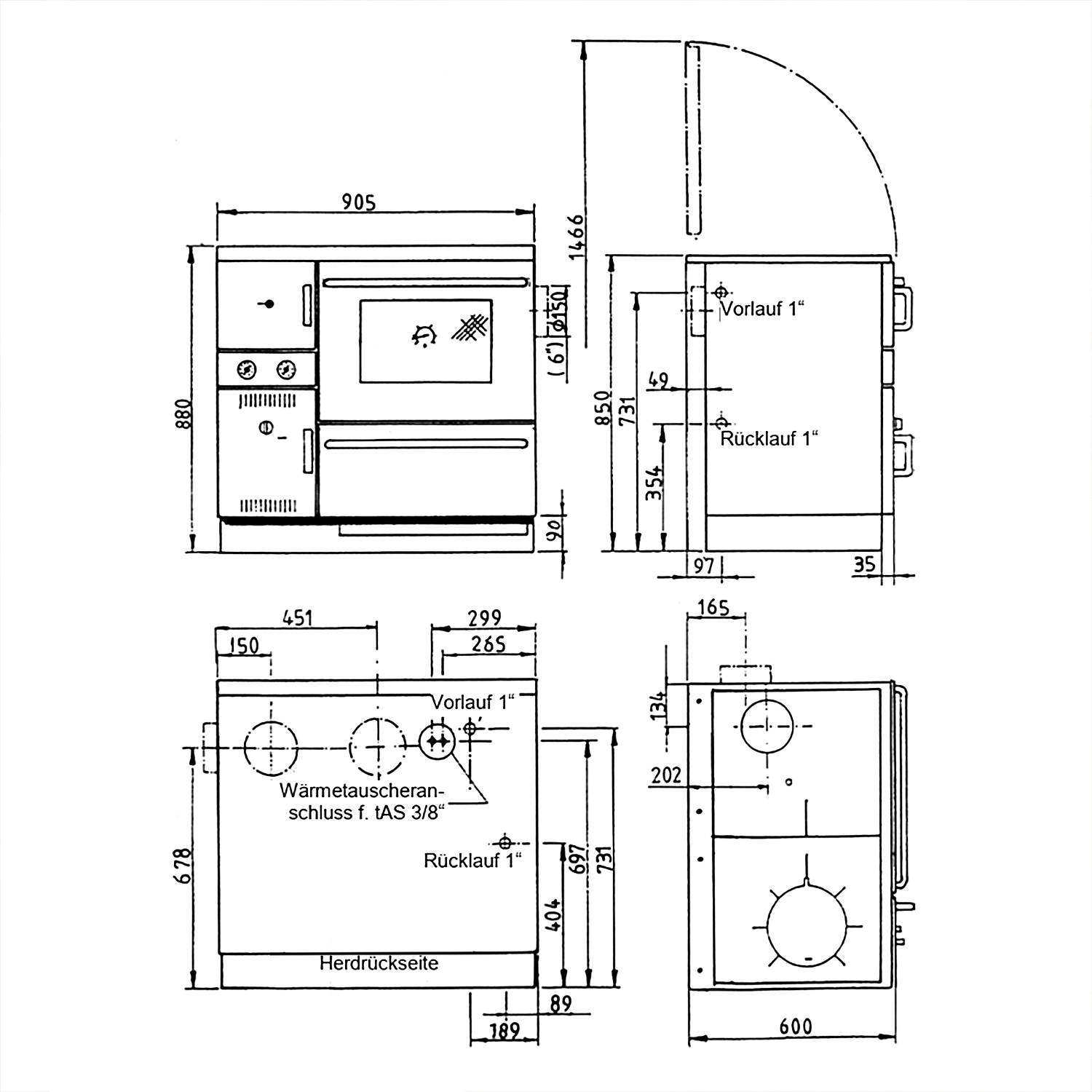Wamsler K 148 CL Küchenofen wasserführend Anthrazit / Chrom, Rauchrohr rechts