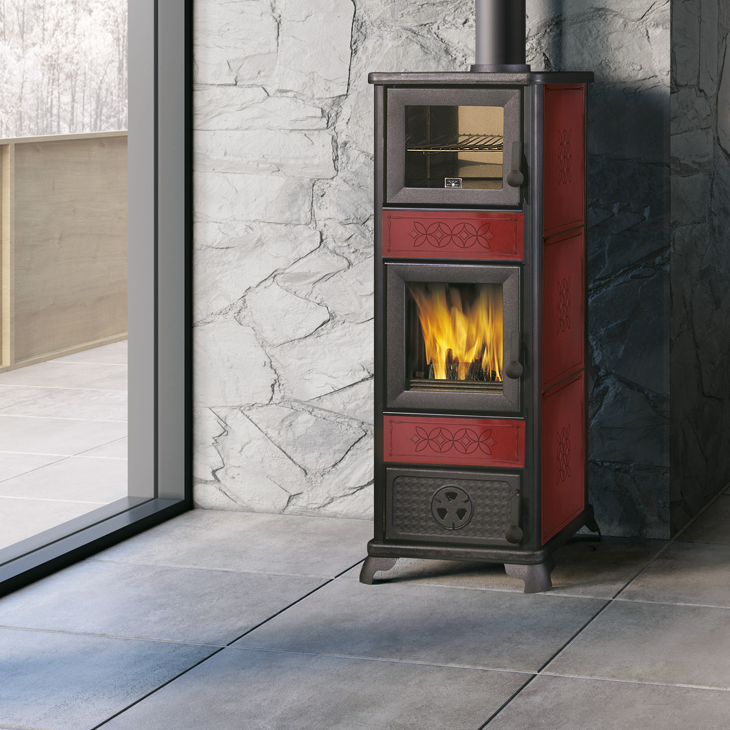 EK63 Decor C Kaminofen Keramik bordeaux Rauchrohr oben