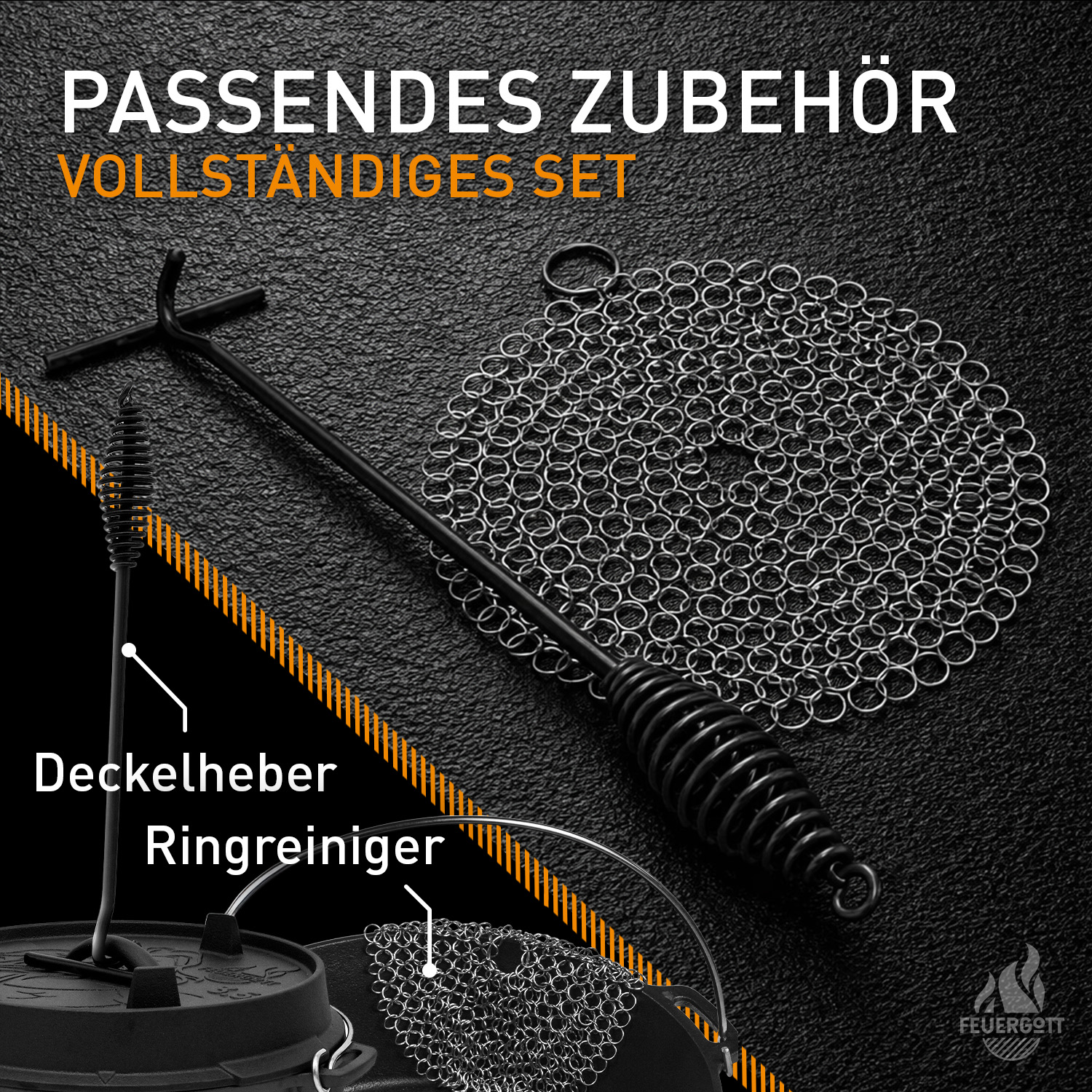 FEUERGOTT Dutch Oven 3,5 l mit Füßen im Set mit Tasche, Deckelheber und Ringreiniger