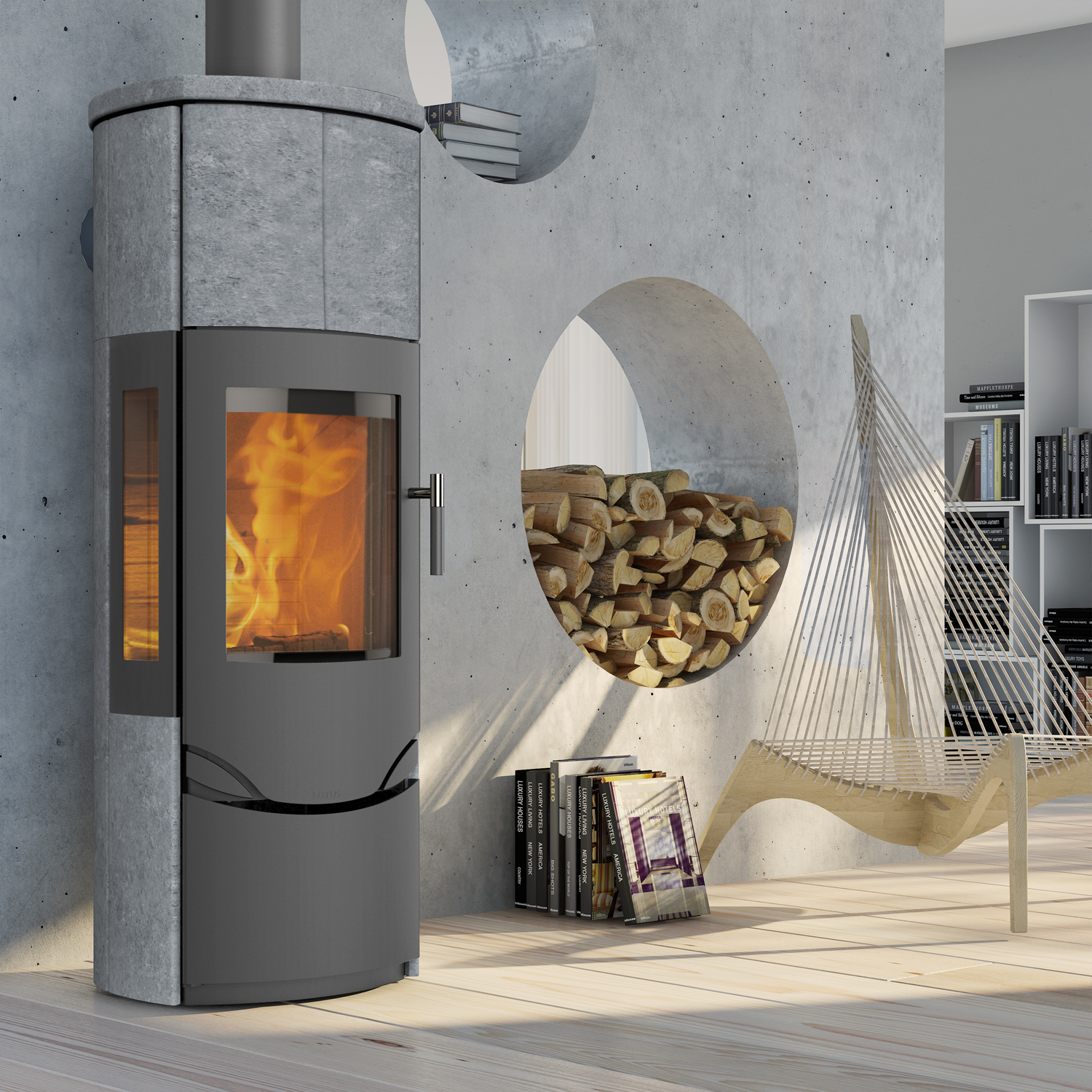 Lotus Prio M Kaminofen Grau / Speckstein / Seitenglas, inkl. PowerStones, RR hinten od. RR oben
