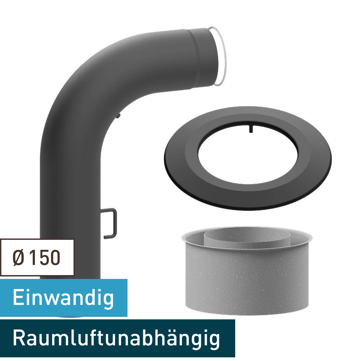 Raik WBG Set Lifestyle Durchmesser 150/90° 2,00mm glatt 700/450 mit eingelegter Tür, mit DKL mit Dichtung grau für Rauchrohr/ Ofenrohr