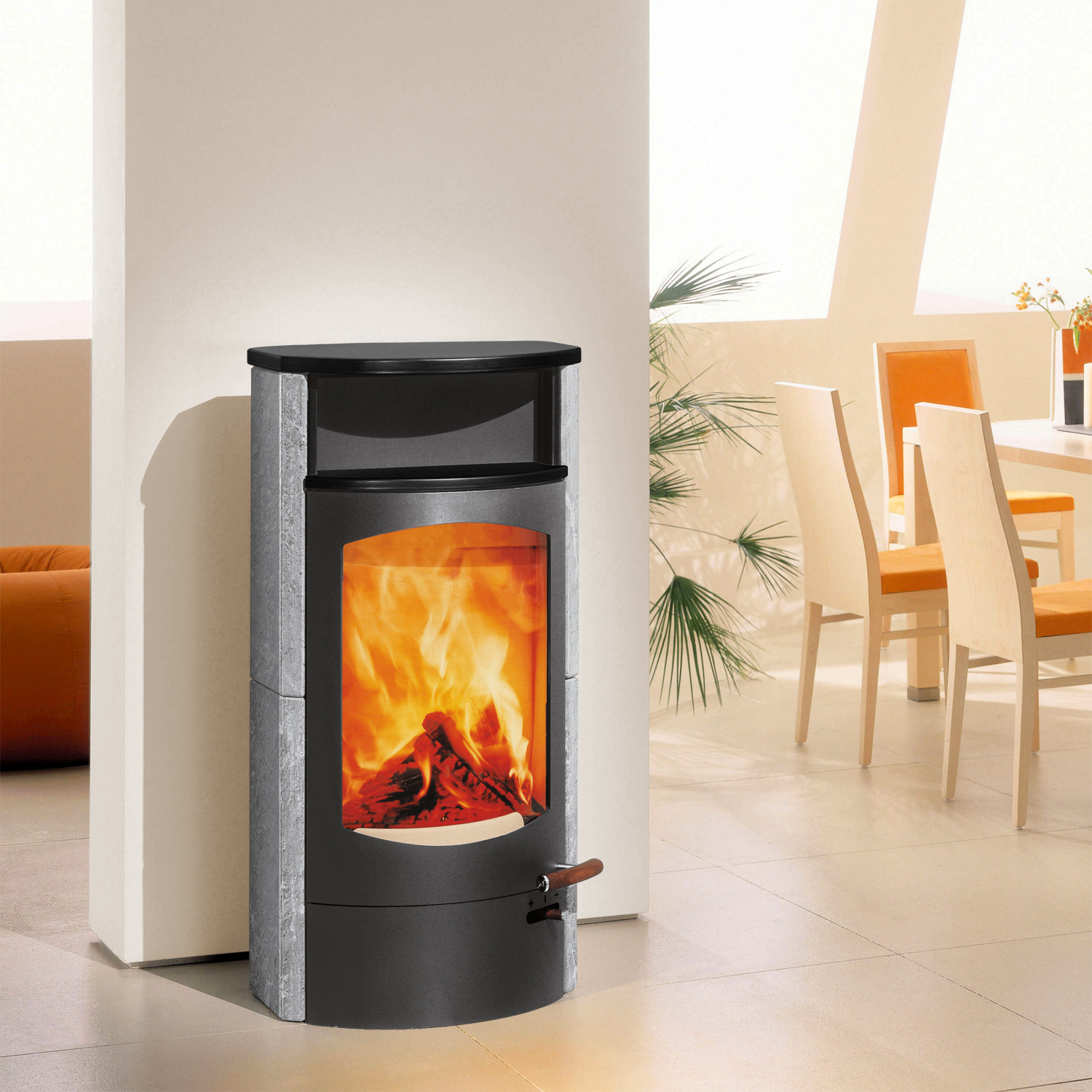 Austroflamm Koko 2.0 Kaminofen Speckstein, Warmhaltefach Keramik Schwarz matt, Topplatte Keramik Schwarz matt, RRA hinten + 1 m³ Kaminholz gratis