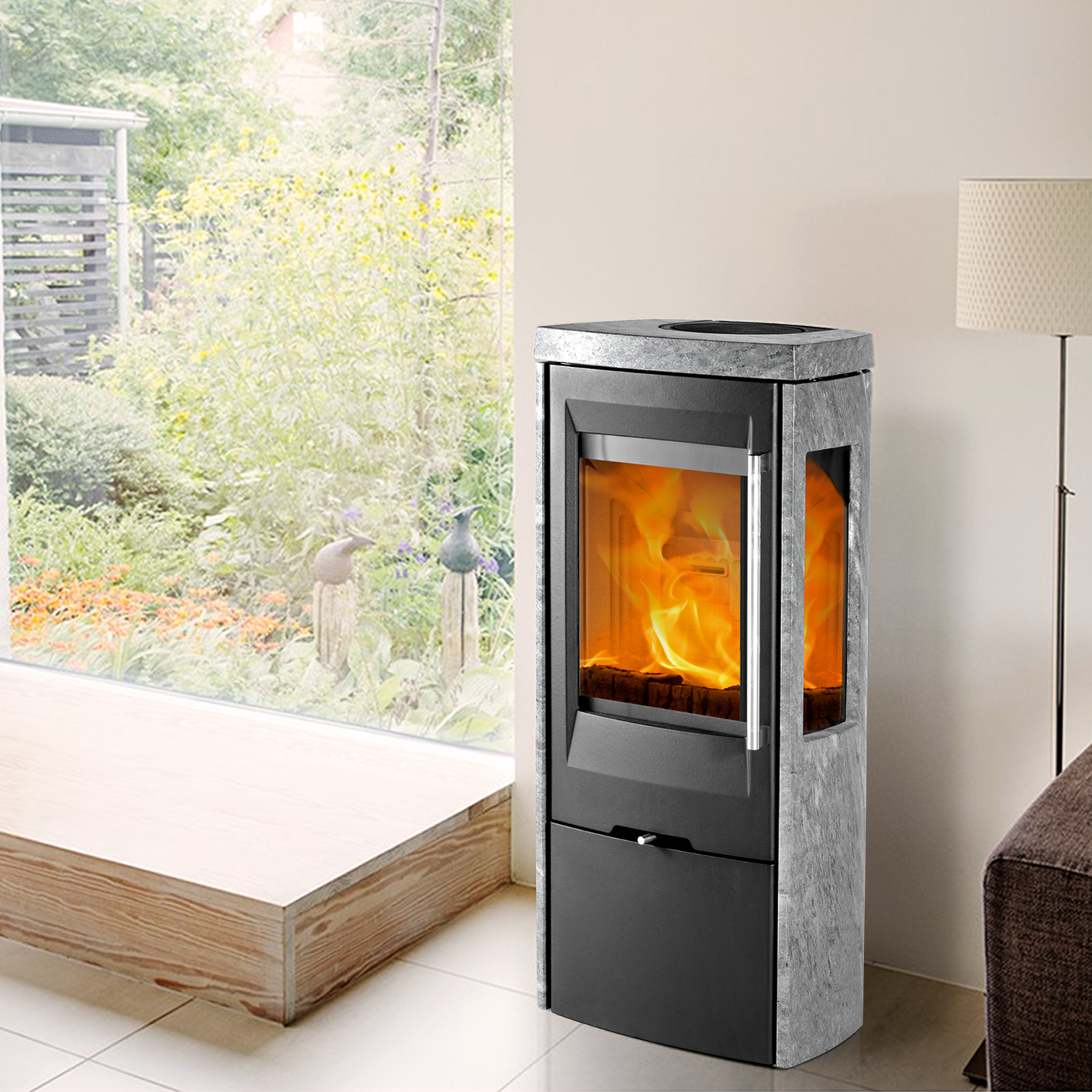 TermaTech TT30GS Kaminofen Stahl Schwarz/Speckstein, 3-seitige Verglasung, Rauchrohr hinten TermaTech TT30GS Kaminofen Stahl Schwarz/Speckstein, 3-seitige Verglasung, Rauchrohr hinten