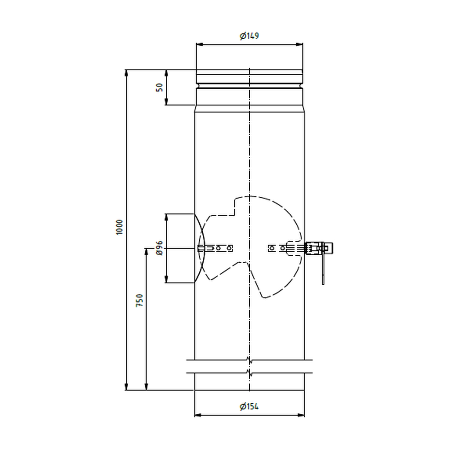 Raik Rohr LS Durchmesser 150x1000x2,00mm eingezogen mit eingelegter Tür mit Drosselklappe schwarz