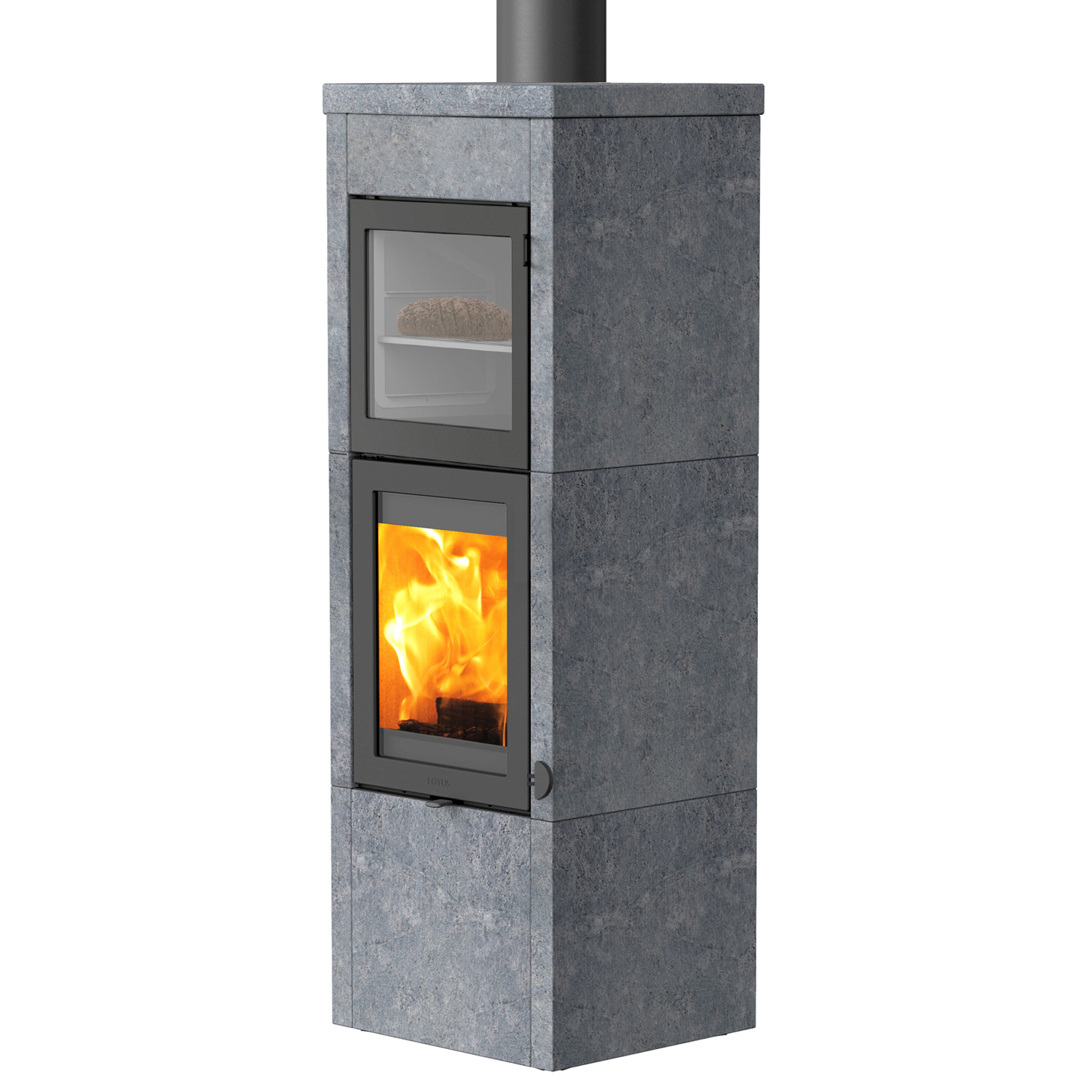 Lotus QM40 Kaminofen Speckstein / Tür Grau mit Backfach, Rauchabgang oben Lotus QM40 Kaminofen Speckstein / Tür Grau mit Backfach, Rauchabgang oben