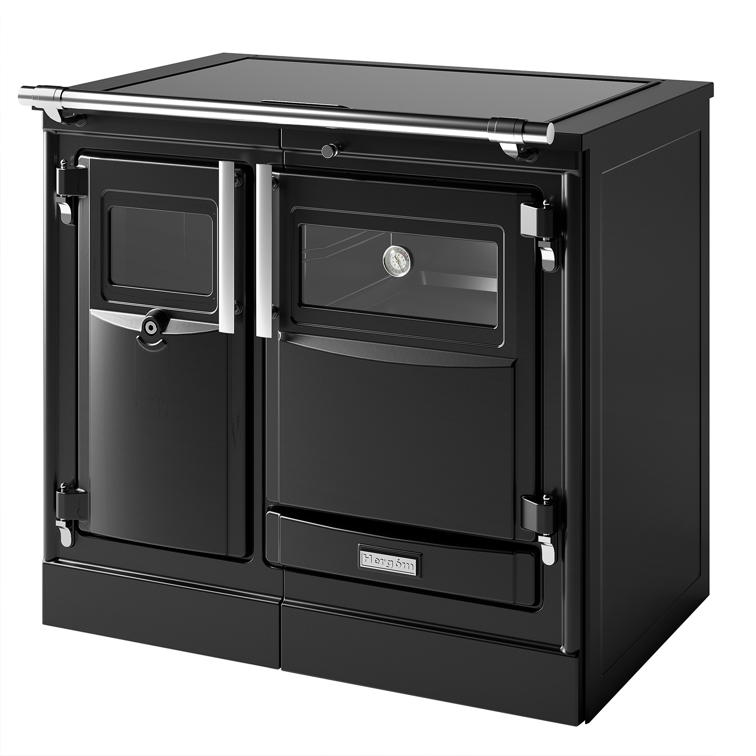 Hergom PAS 90 SE Küchenofen Gusseisen schwarz, Herdplatte Glaskeramik, RR hinten