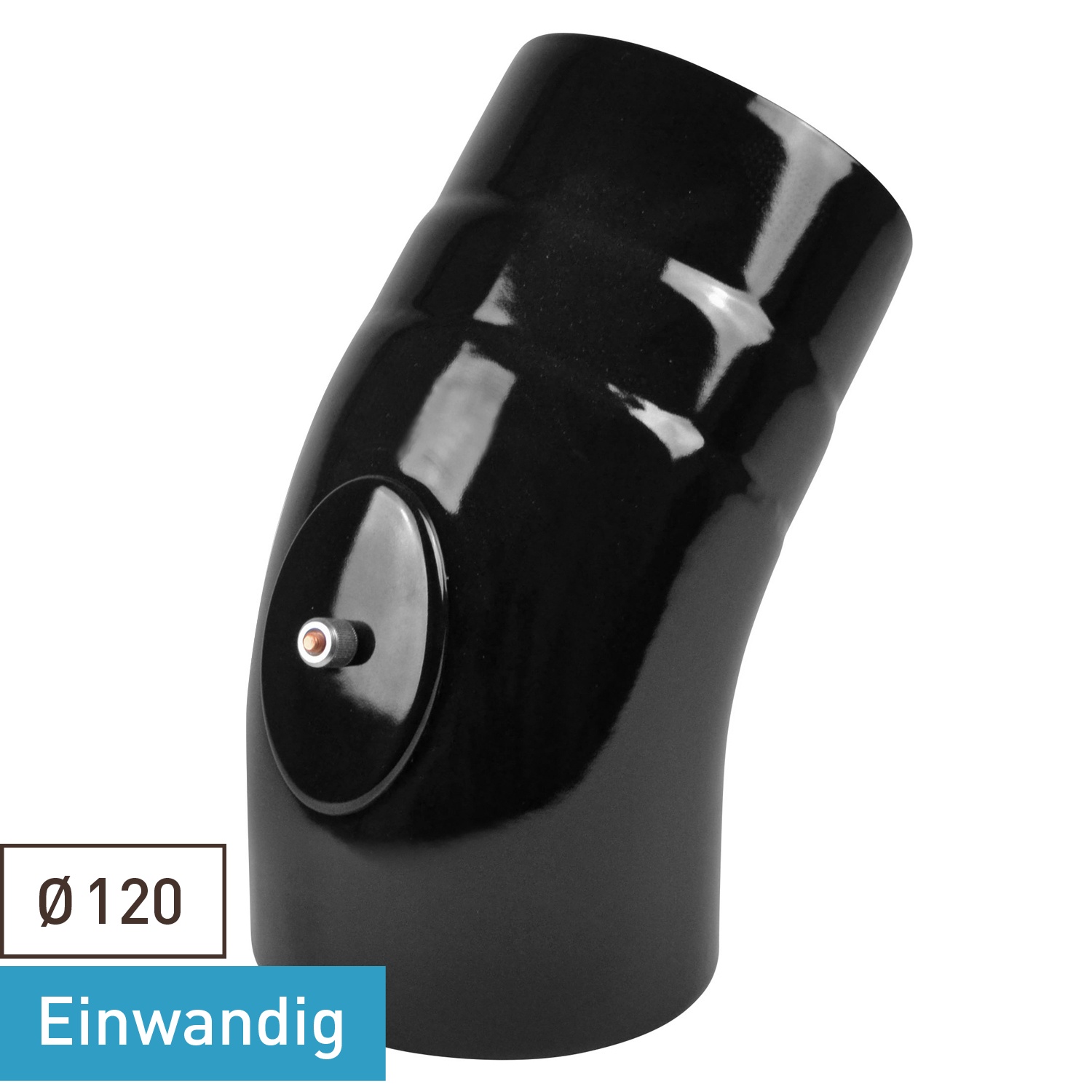 Raik Rauchrohrbogen / Ofenrohrbogen Emaille 120mm - 45° Bogen glatt Schwarz mit Reinigungsöffnung