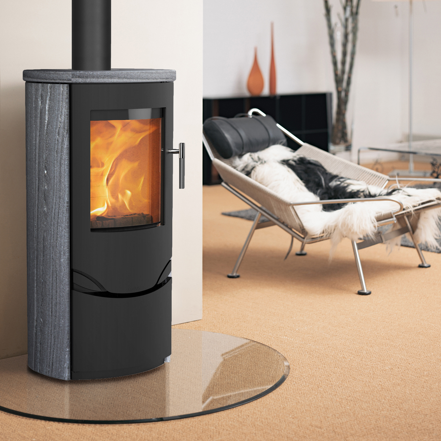 Lotus Prio 5 Kaminofen Schwarz/ Indian Night, Rauchabgang oben