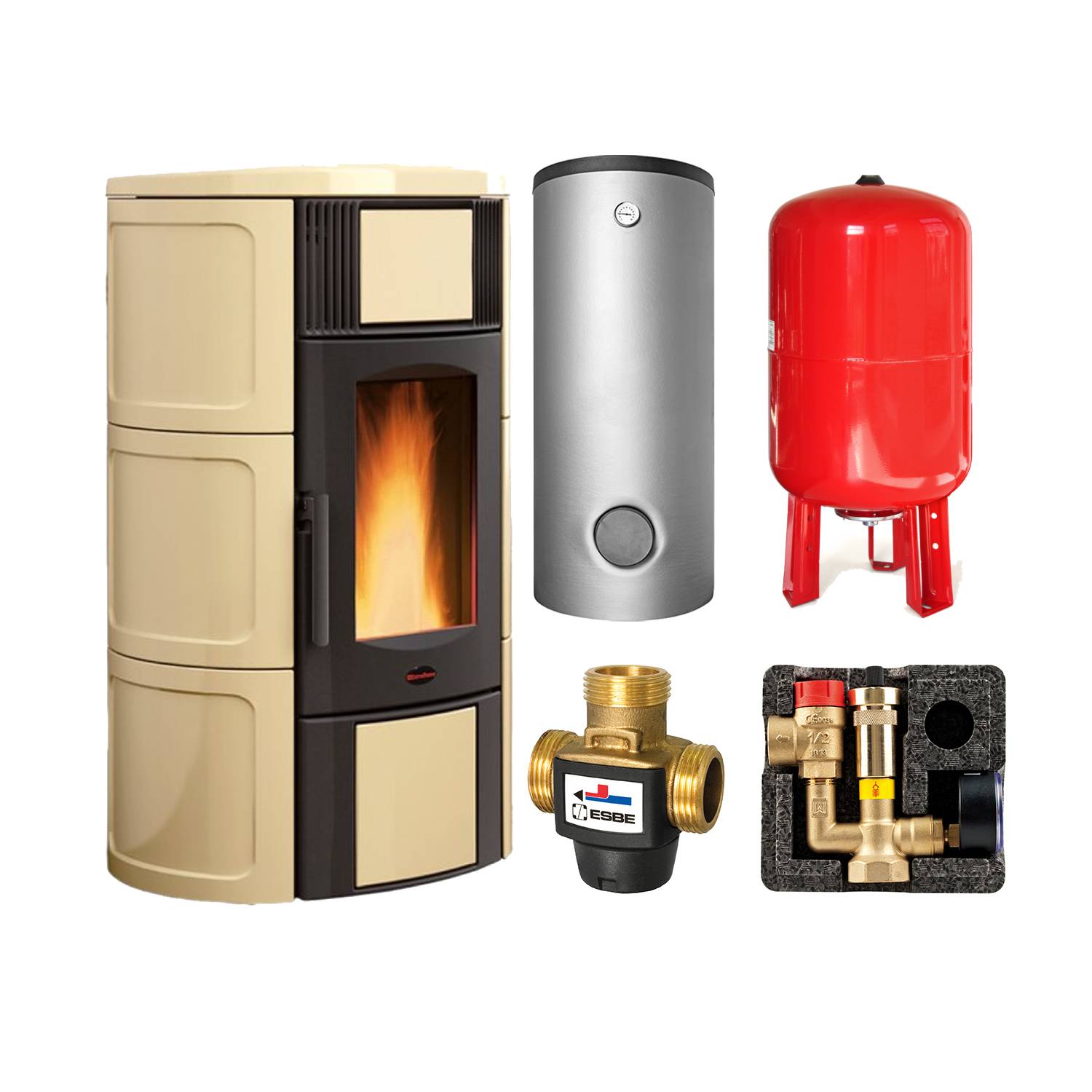 Extraflame ISIDE IDRO 5.0.16 wasserführender Pelletofen Pergament Beige - TPSR 600 Hochleistungs-Pufferspeicher montiert silber 1x WT -Heizungsausdehnungsgefäß 80 L