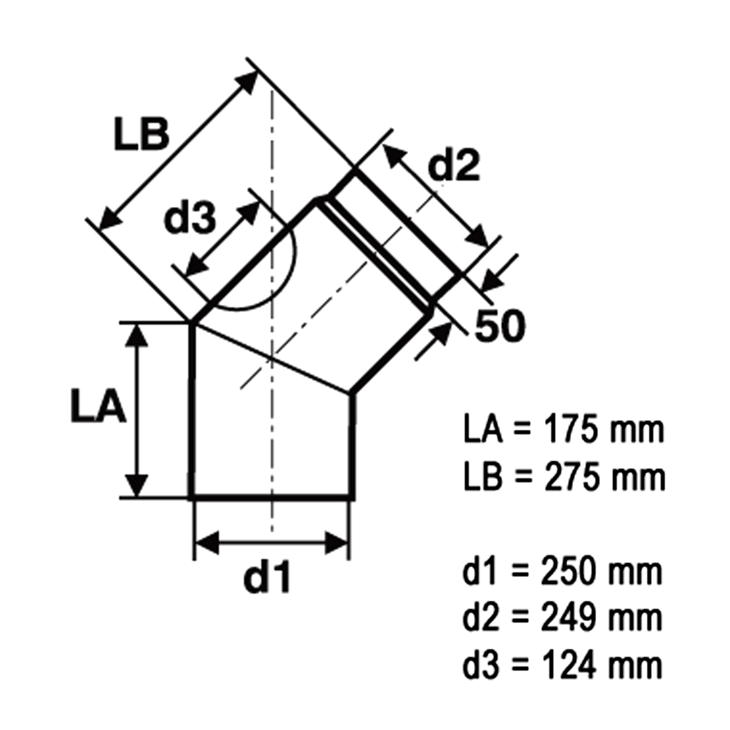 Raik Basic Rauchrohrbogen / Ofenrohr 250mm - 45° mit Reinigungsöffnung schwarz