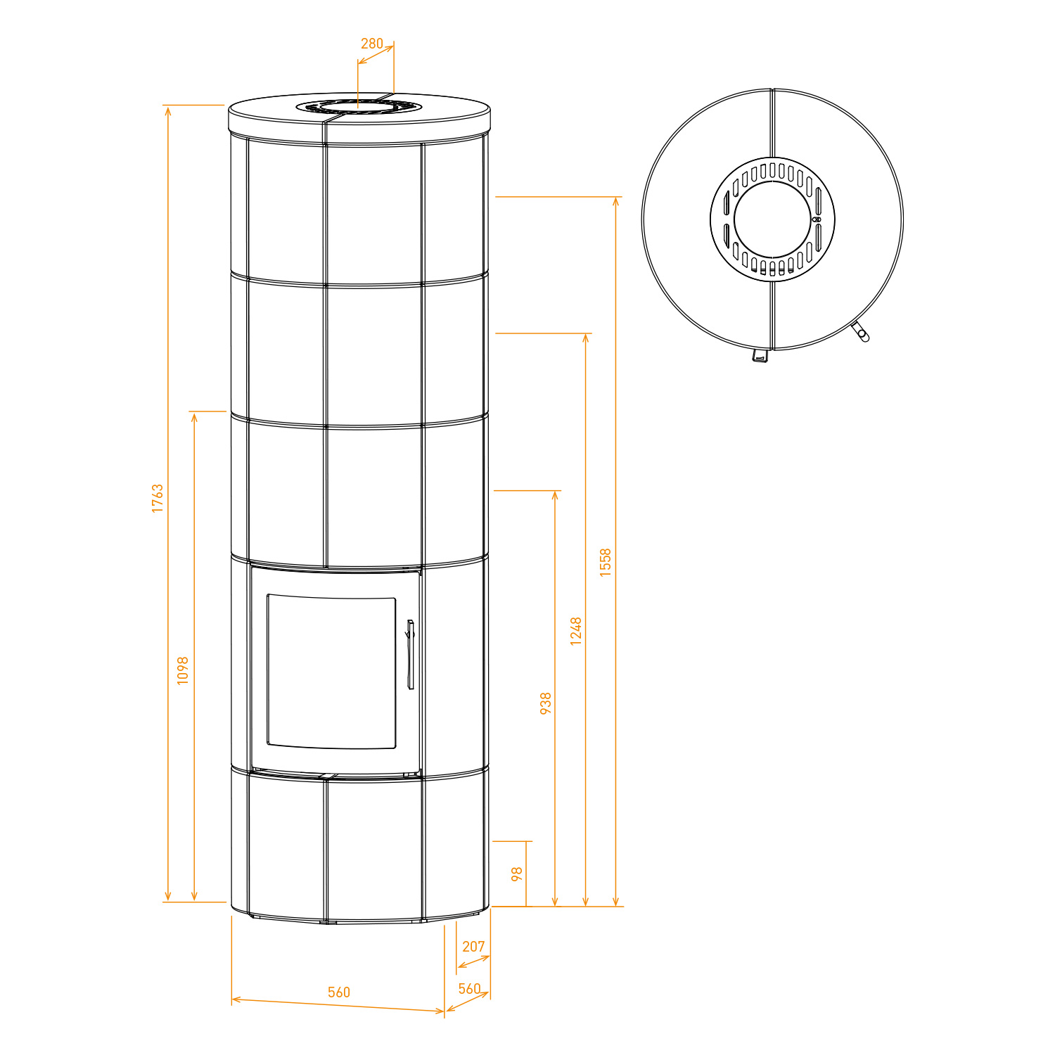Lotus M3 Kaminofen Schwarz/ Speckstein, Rauchabgang oben