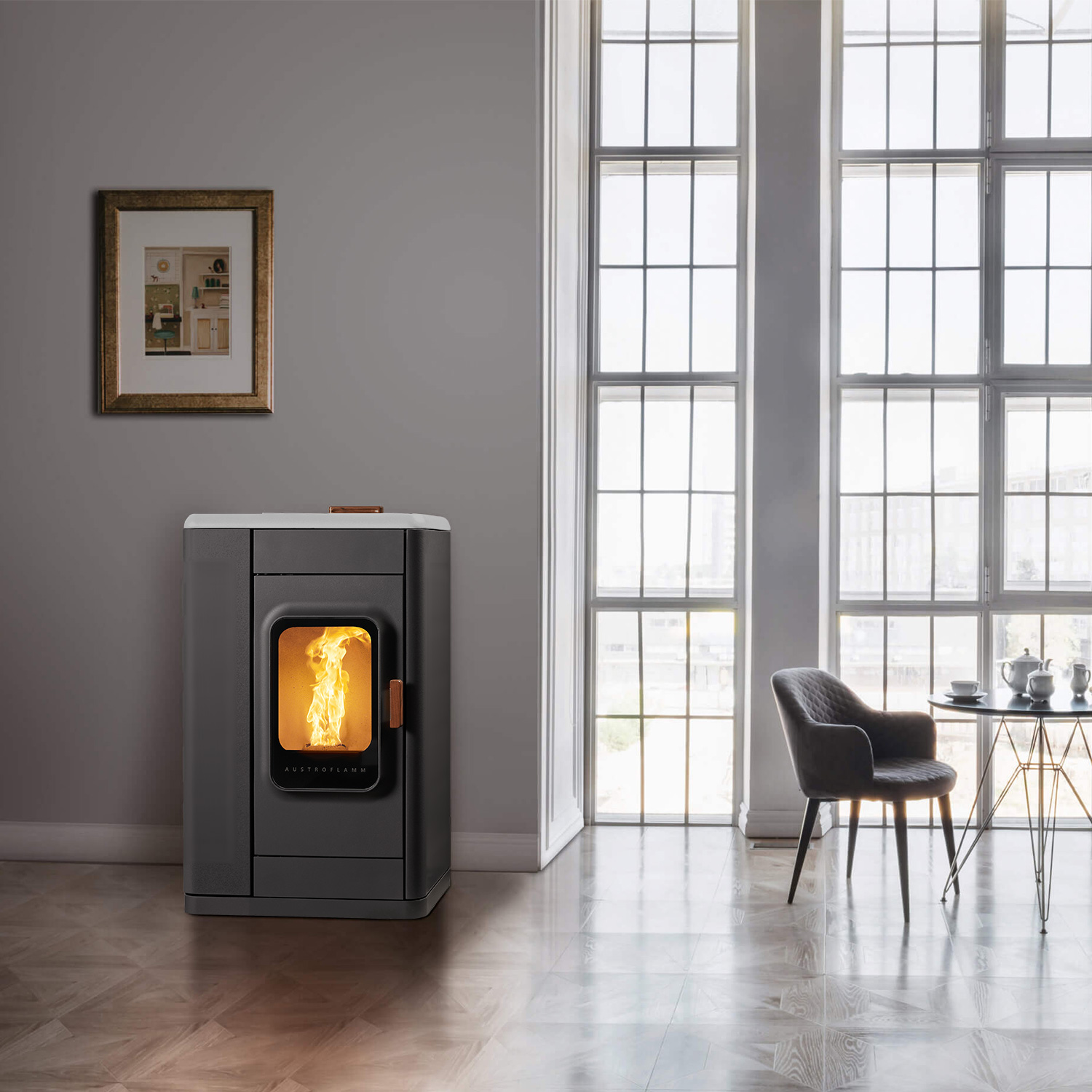 Austroflamm Ruby Pelletofen Stahl Schwarz, Topplatte Keramik Weiß Austroflamm Ruby Pelletofen Stahl Schwarz, Topplatte Keramik Weiß