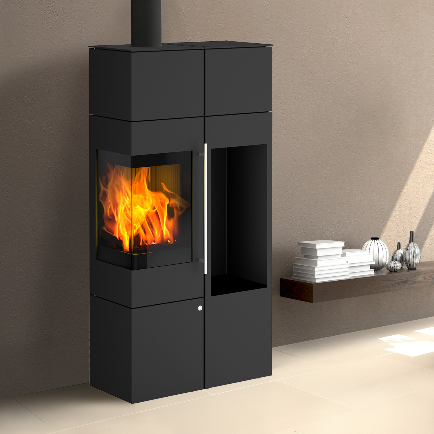 Olsberg Ipala Smart Compact Kaminofen Türanschlag links mit Holzregal und PowerBloc!-Aufsatz inkl. PowerBloc!