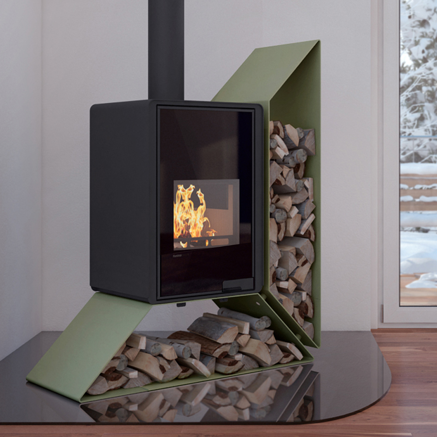 HS Flamingo Deluxe Kampa Kaminofen Olive Regal rechts