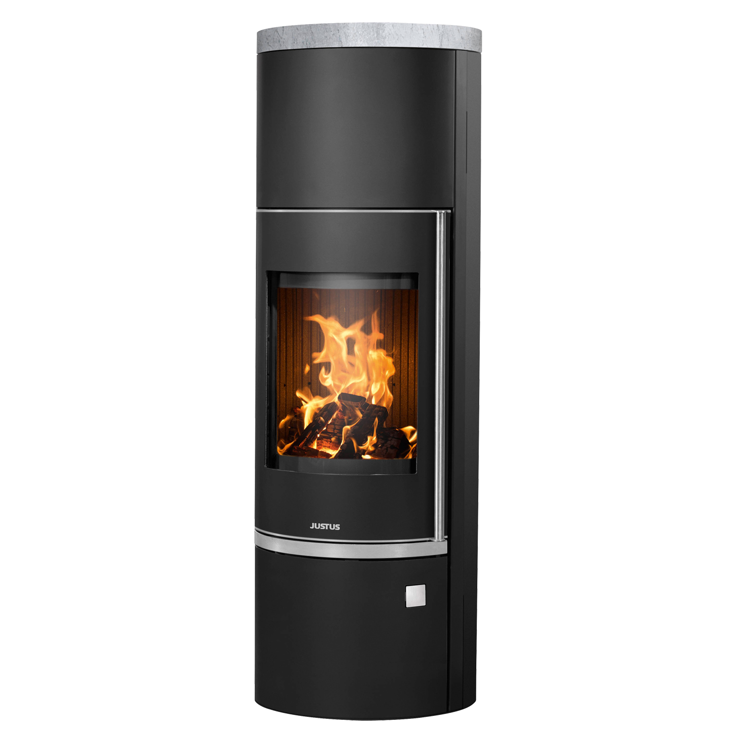 Justus Faro Aqua 2.0, wasserführender Kaminofen Stahl Schwarz/ Abdeckplatte Speckstein – Komplett-Set mit THKE 600 Kombi-Speicher montiert silber 1x WT