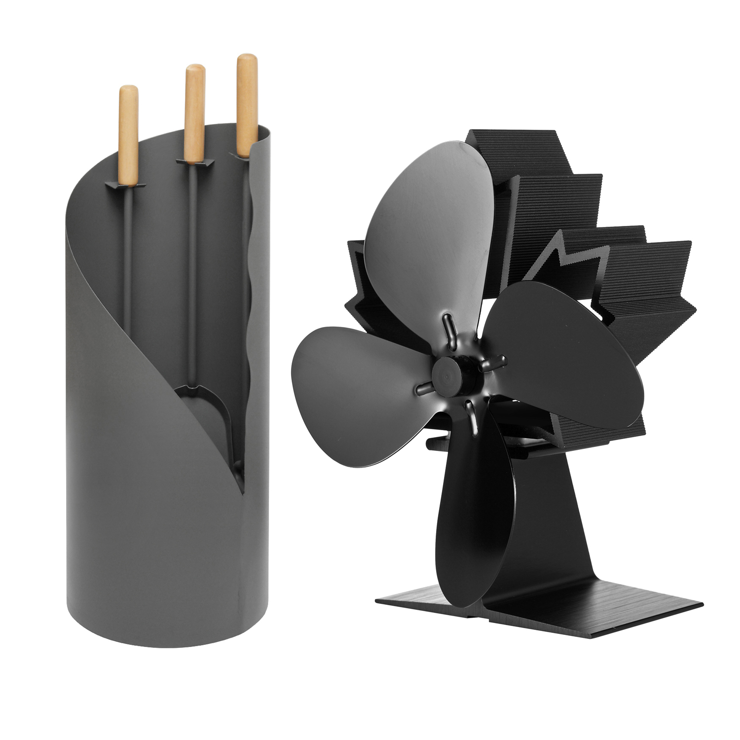 Raik Kaminbesteck Otto 3-teilig + stromloser Kaminventilator / Ofenventilator 4-Blatt, Set Raik Kaminbesteck Otto 3-teilig + stromloser Kaminventilator / Ofenventilator 4-Blatt, Set