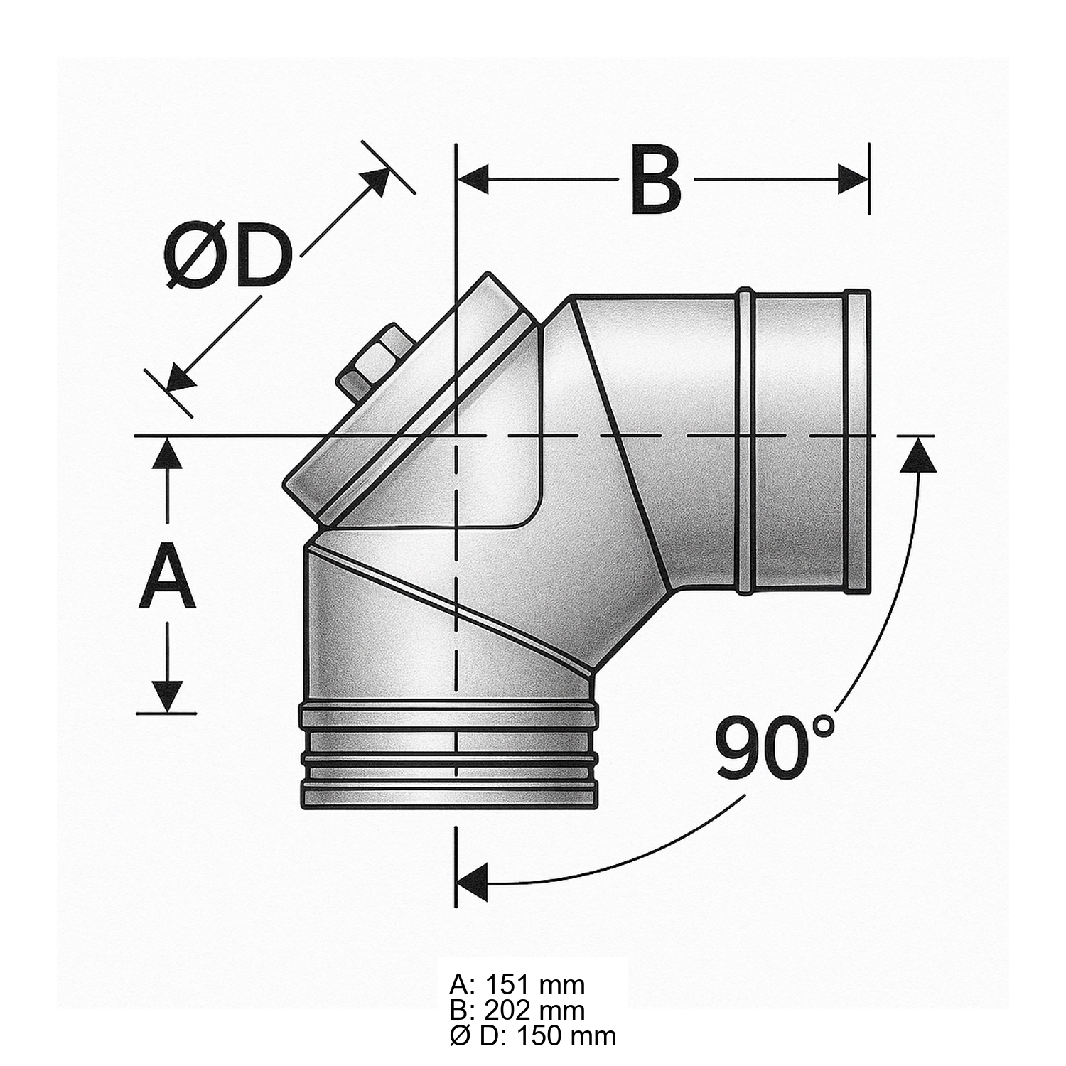 Schiedel PRIMA PLUS Bogen 90° Ø150 mm mit Revisionsverschluss für Festbrennstoffe einwandig matt