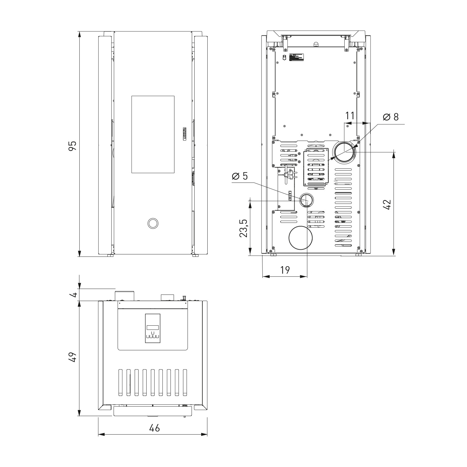 EK63 Zone80 Pelletofen Stahl Taubengrau Rauchrohr hinten