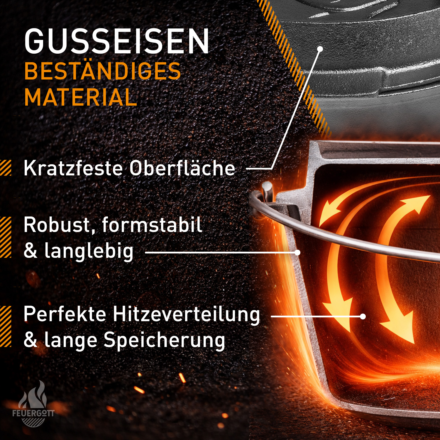 FEUERGOTT Dutch Oven 6,5 l mit Füßen im Set mit Tasche, Deckelheber und Ringreiniger