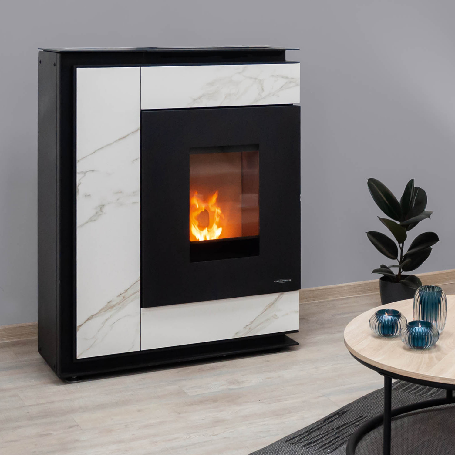 Oranier Boreas Aqua Wasserführender Pelletofen Sintered Stone Marmorweiß, Rauchabgang hinten Oranier Boreas Aqua Wasserführender Pelletofen Sintered Stone Marmorweiß, Rauchabgang hinten