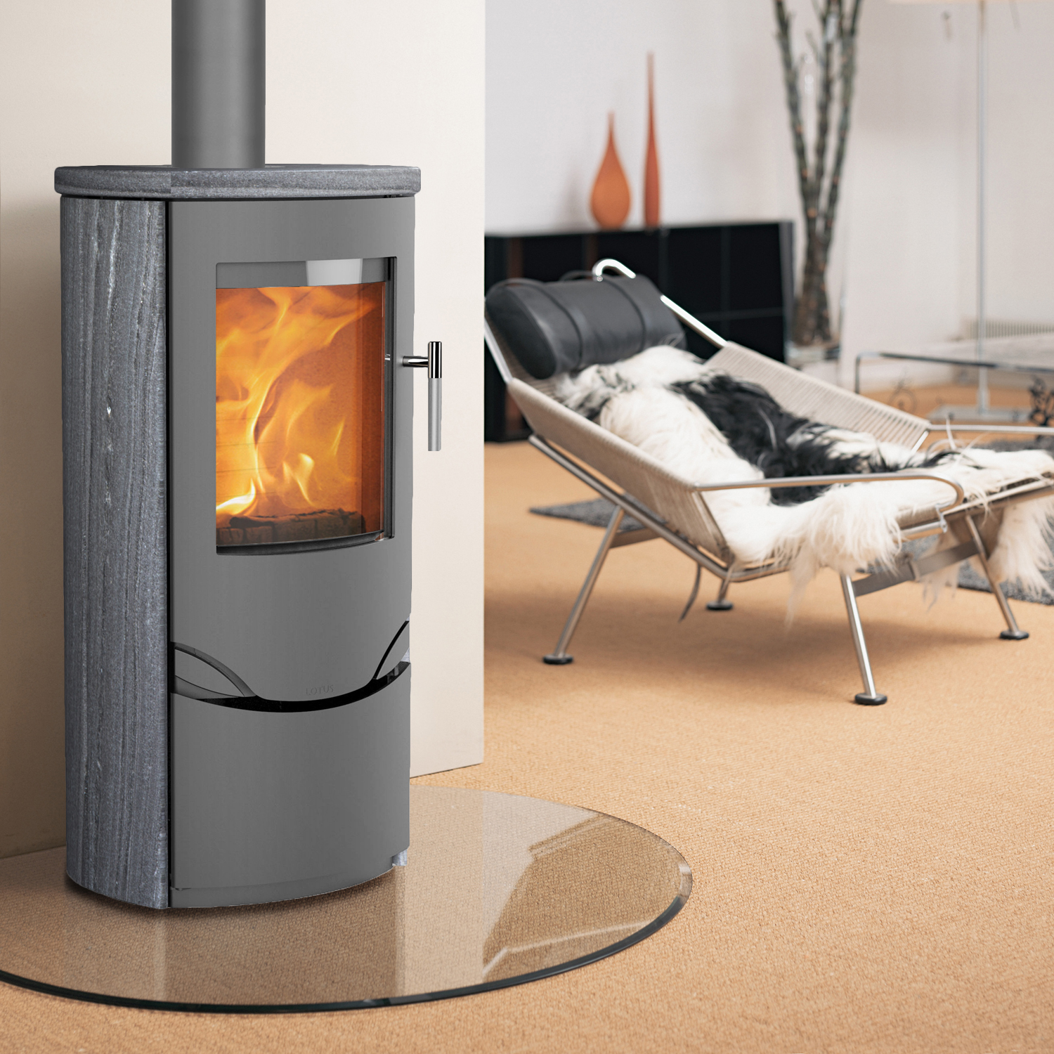 Lotus Prio 5 Kaminofen Grau/ Indian Night, Rauchabgang oben