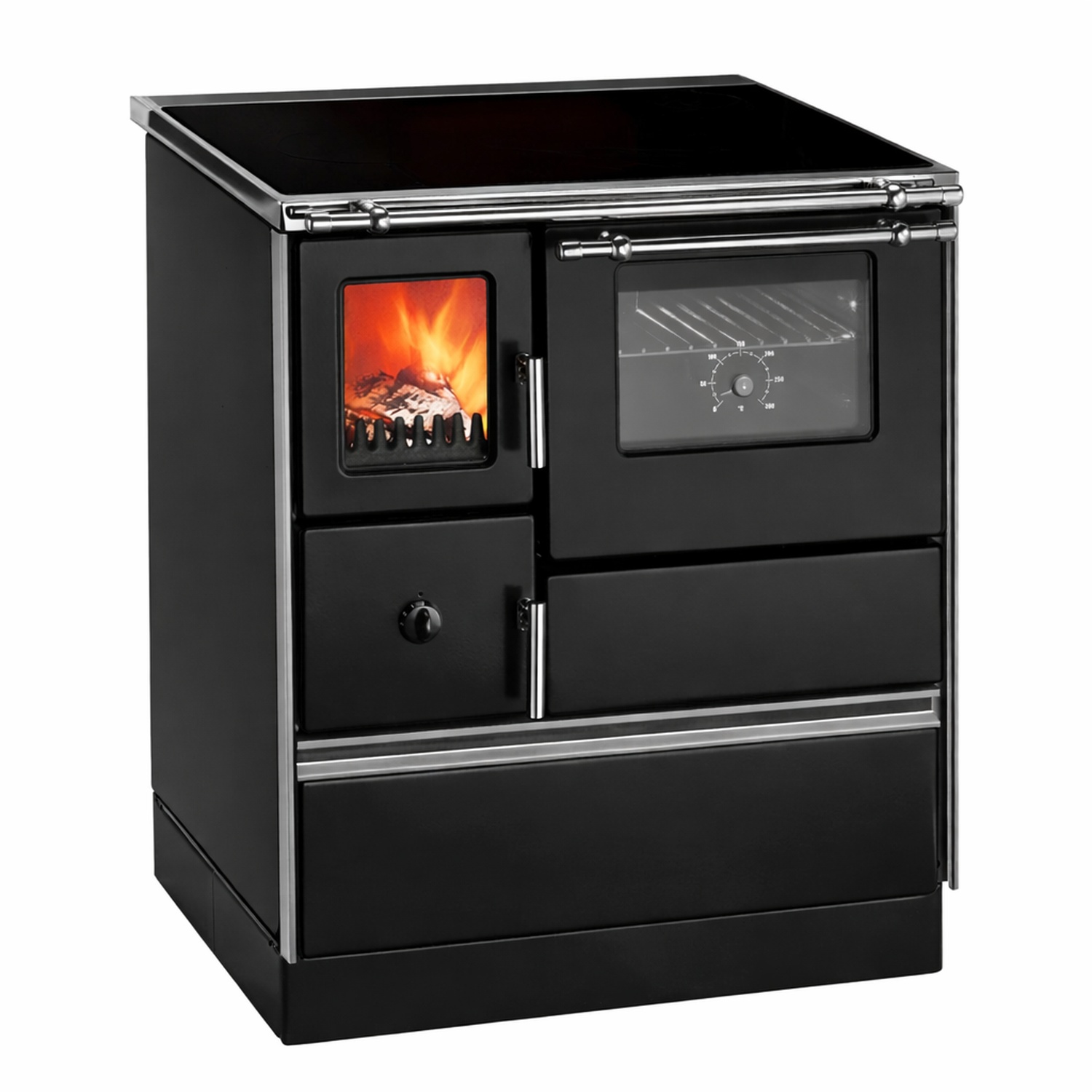 Westminster Holzherd 70 Style 70 schwarz mit Ceranfeld und Edelstahlherdrahmen Rauchrohranschluss rechts