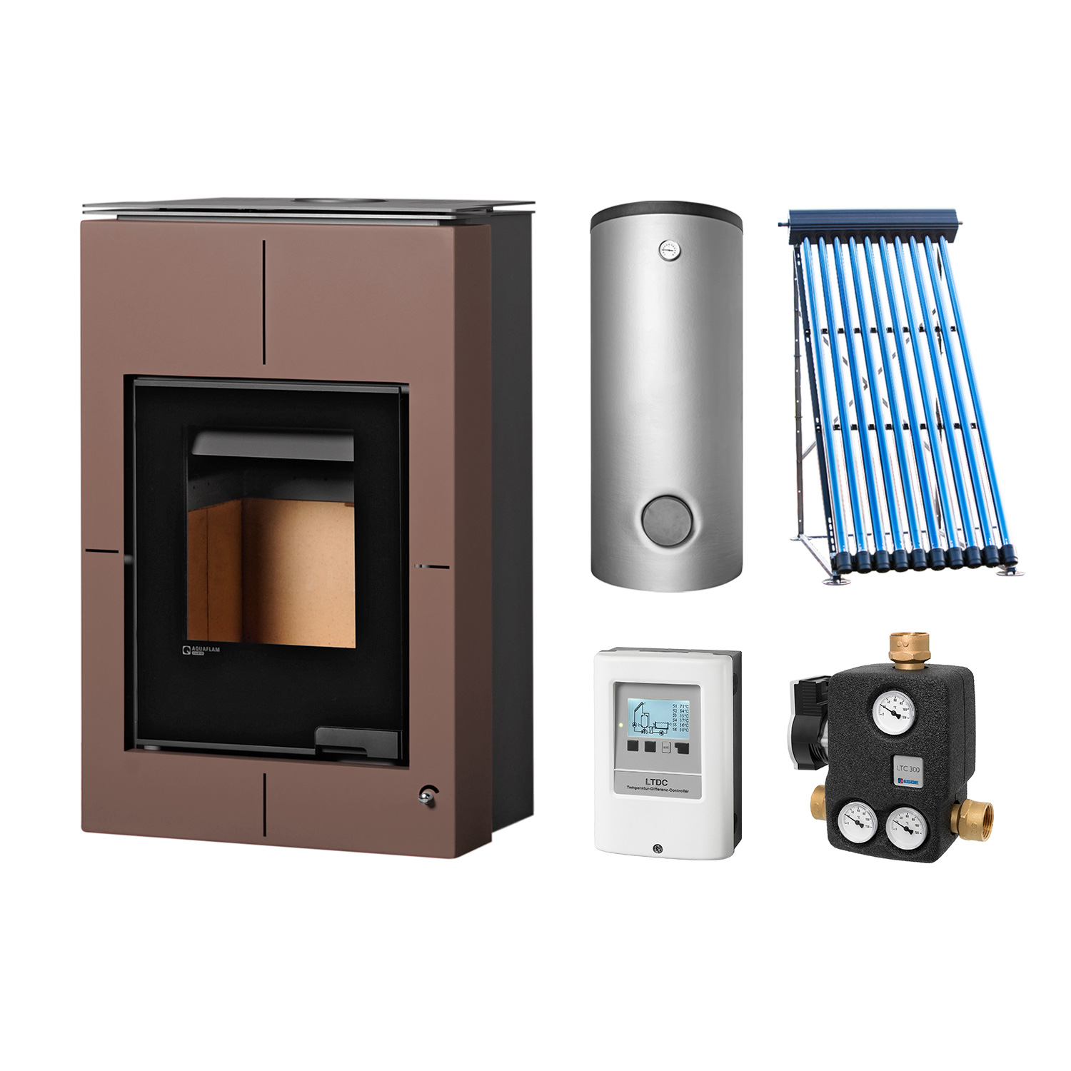 Aquaflam Vario Saporo Basic Brown Set + Solarthermie-Set 2 (11 m²) + Kombispeicher THKE 600 + SWT