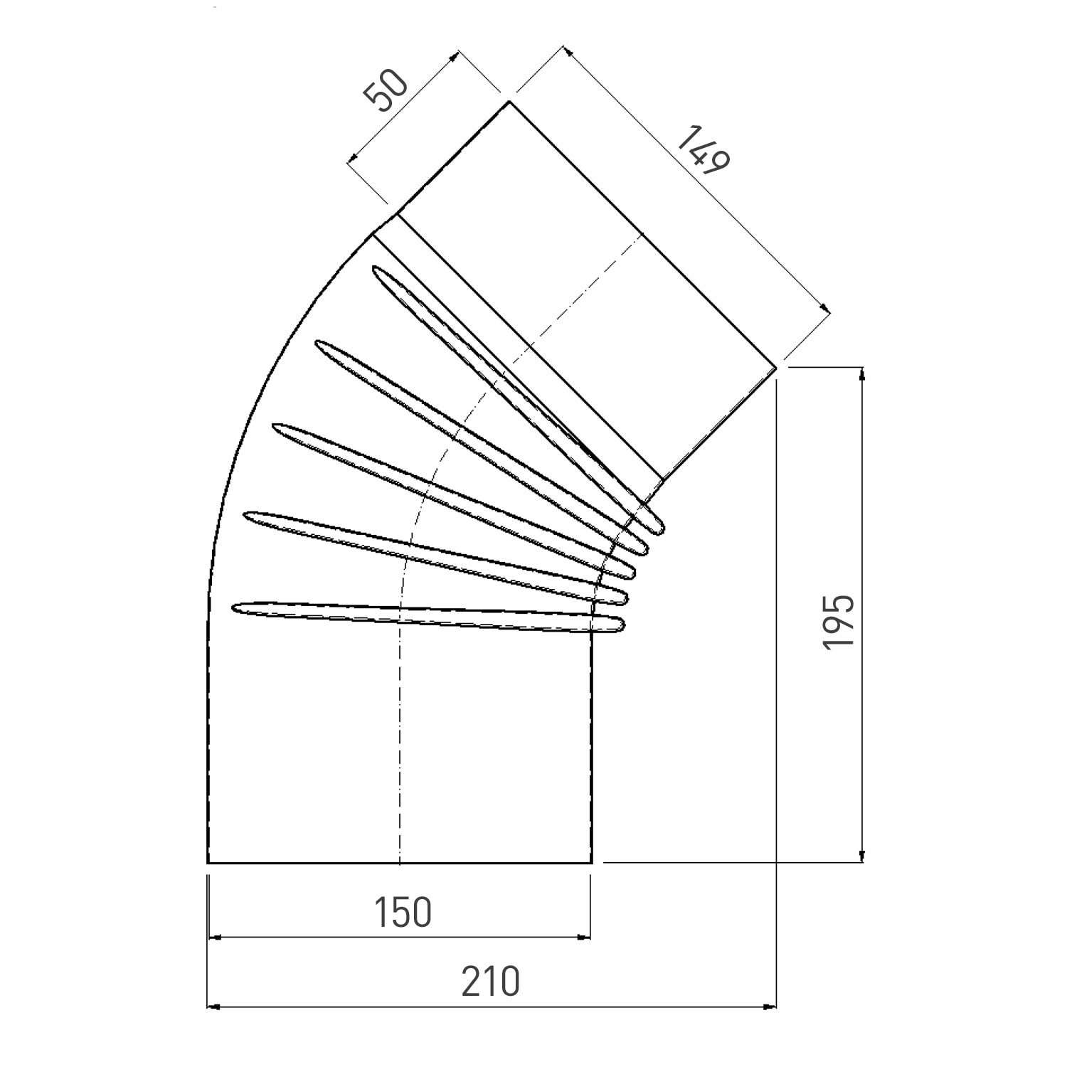 Raik Rauchrohrbogen / Ofenrohrbogen Emaille 150mm - 45° Bogen gerippt Grau