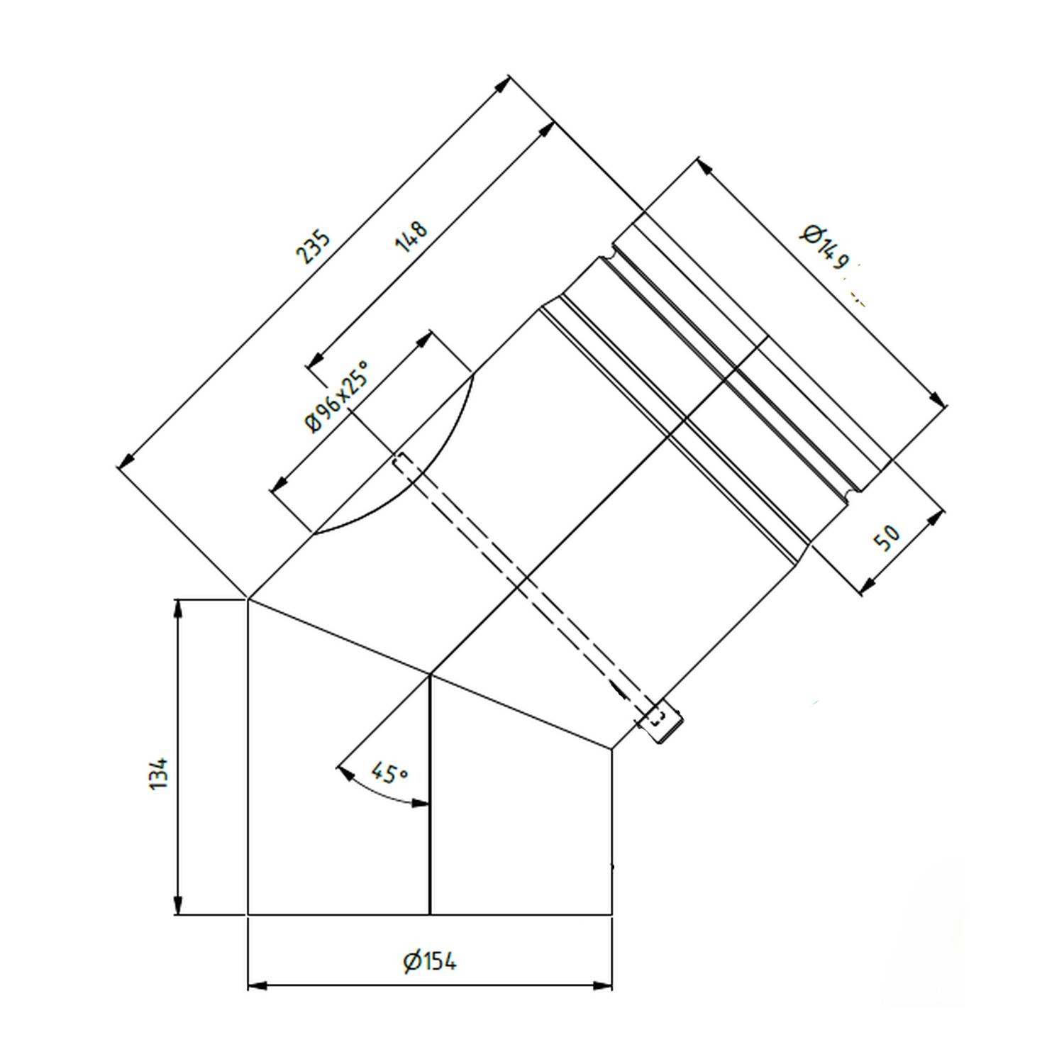 Raik Lifestyle Bogen Durchmesser 150/45° 2,00mm eingezogen 2-tlg mit eingelegter Tür mit Dichtung grau für Rauchrohr/ Ofenrohr