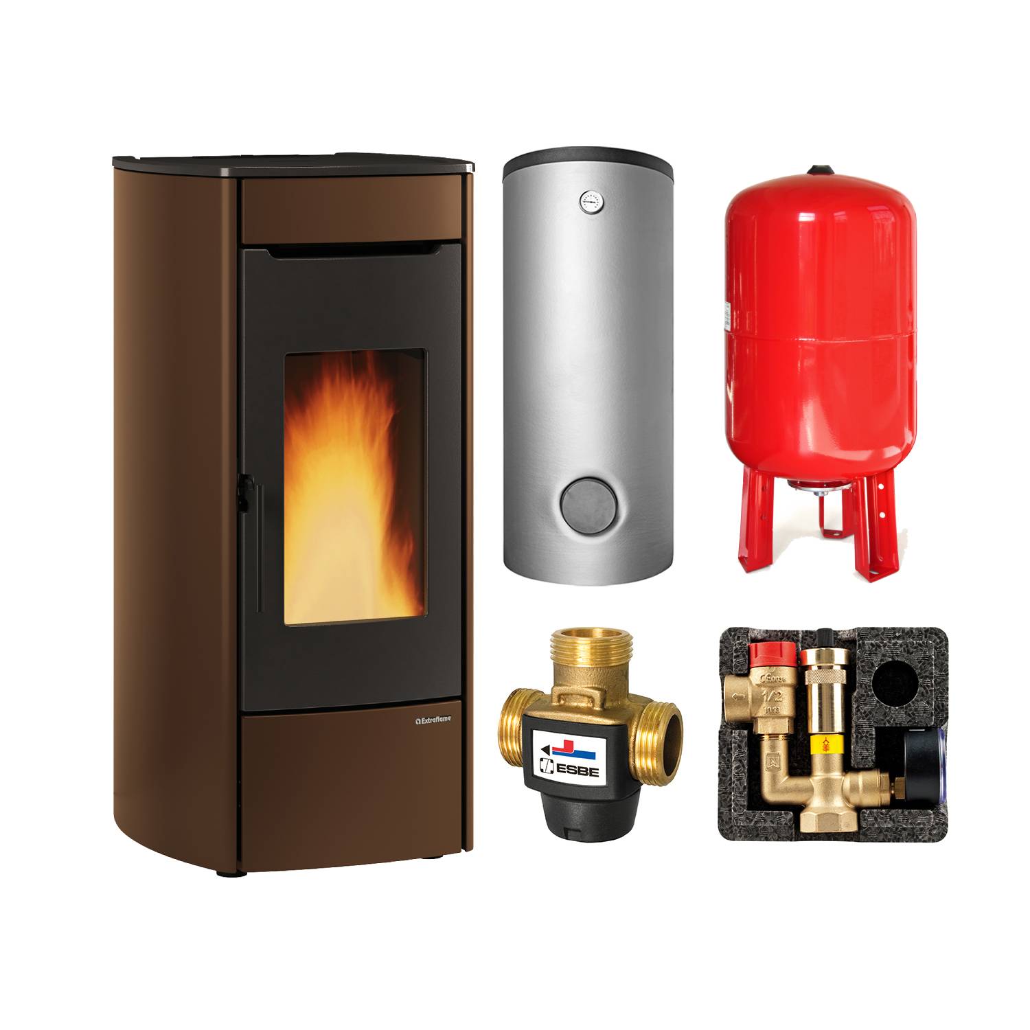 Extraflame Marina Idro 16 H13 wasserführender Pelletofen Stahl Bronze - THKE 600 Kombi-Speicher montiert silber 1x WT -Heizungsausdehnungsgefäß 80 L