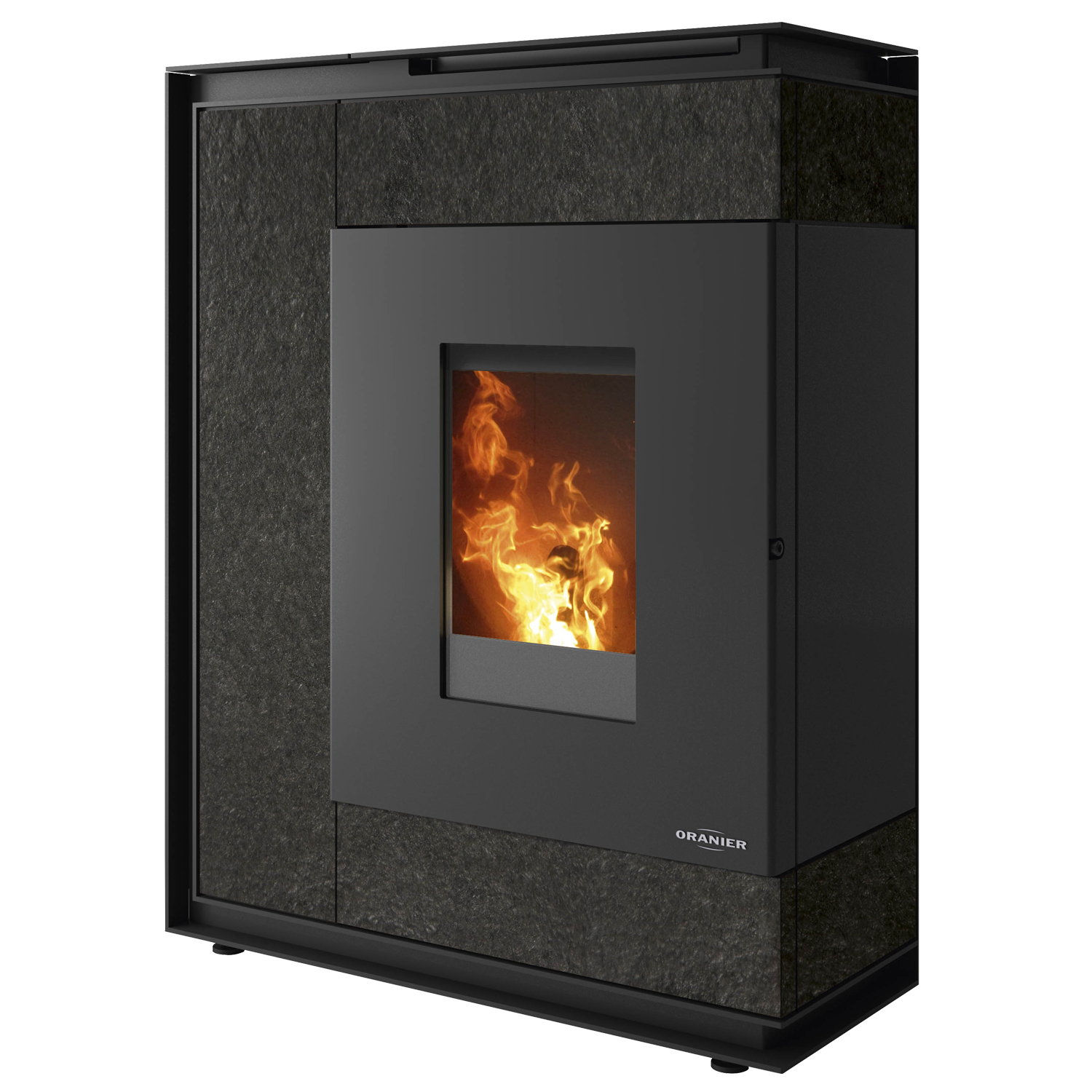 Oranier Boreas Aqua Wasserführender Pelletofen Sintered Stone Schiefer, Rauchabgang hinten Oranier Boreas Aqua Wasserführender Pelletofen Sintered Stone Schiefer, Rauchabgang hinten