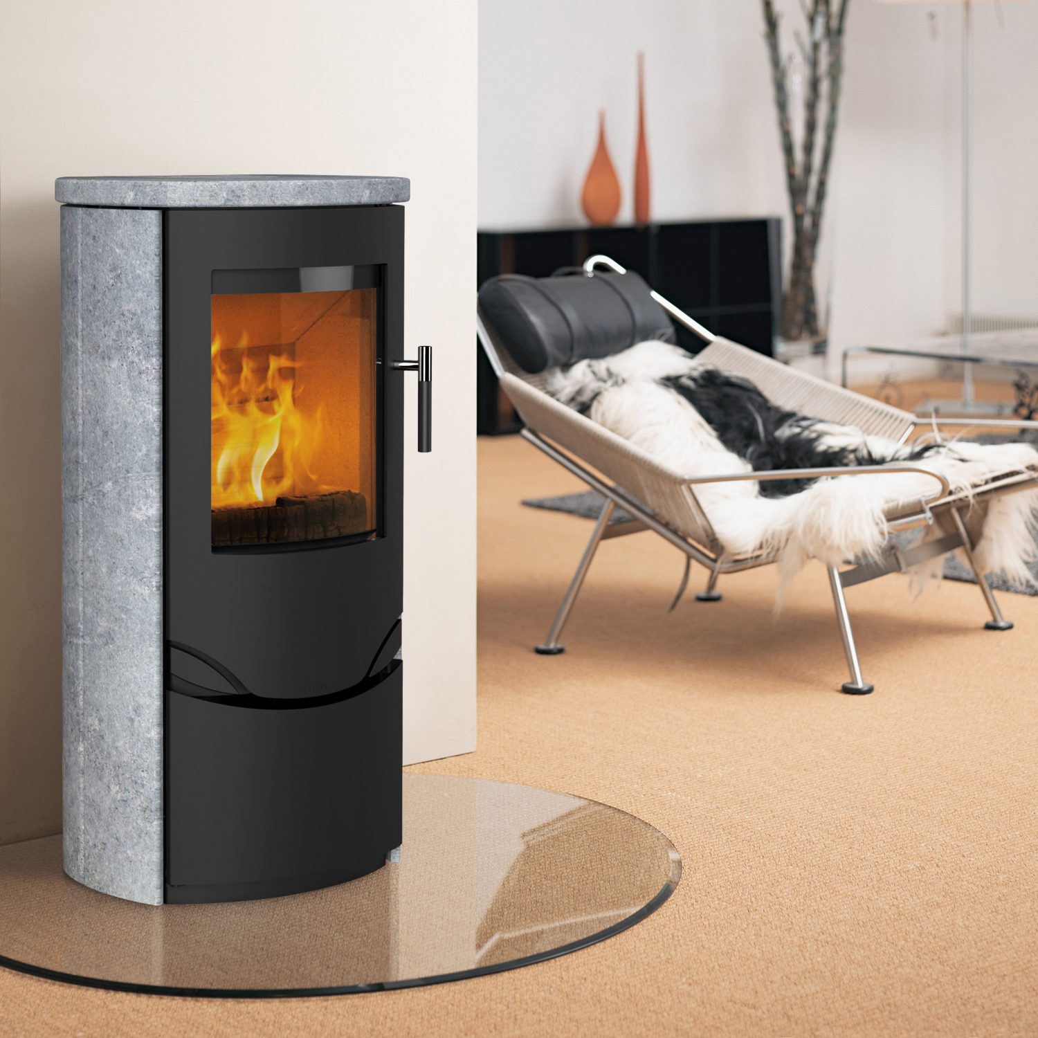 Lotus Prio 5S Kaminofen Schwarz/ Speckstein, Rauchabgang hinten