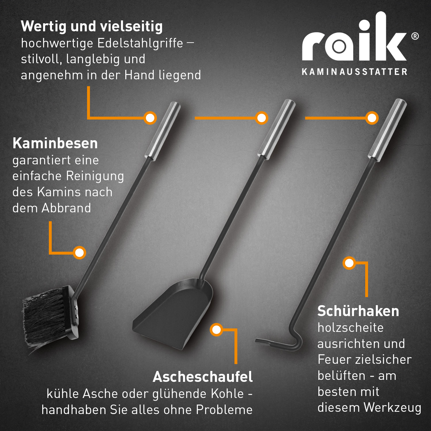 Raik Kaminbesteck Fritz 3-teilig + stromloser Kaminventilator / Ofenventilator 4-Blatt, Set