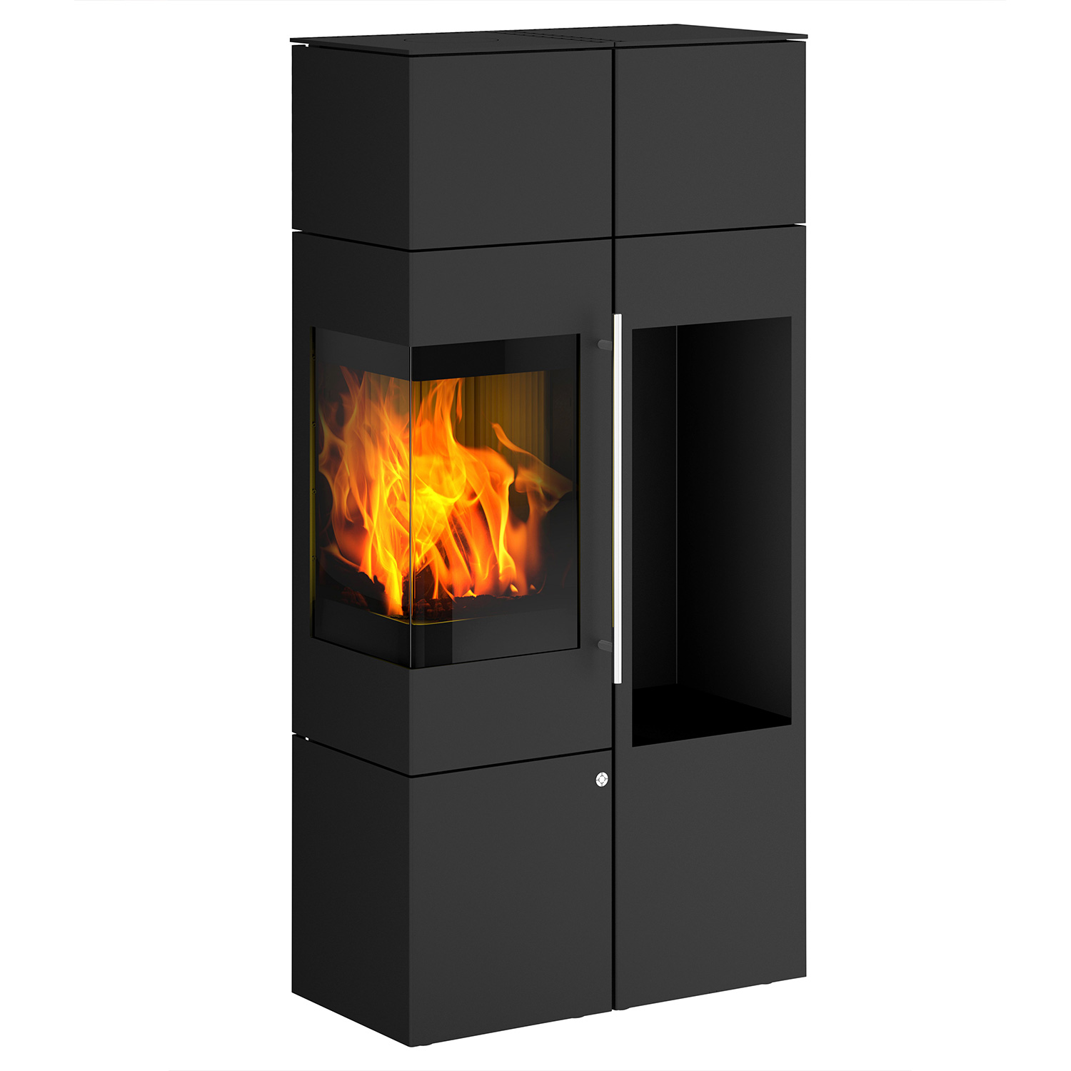 Olsberg Ipala Smart Compact Kaminofen Türanschlag links mit Holzregal und PowerBloc!-Aufsatz inkl. PowerBloc!