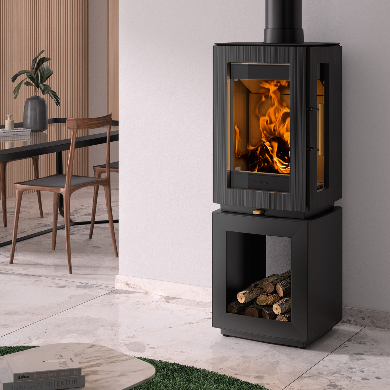 Hergom Glow Kaminofen Gusseisen Schwarz mit Holzlagerfach