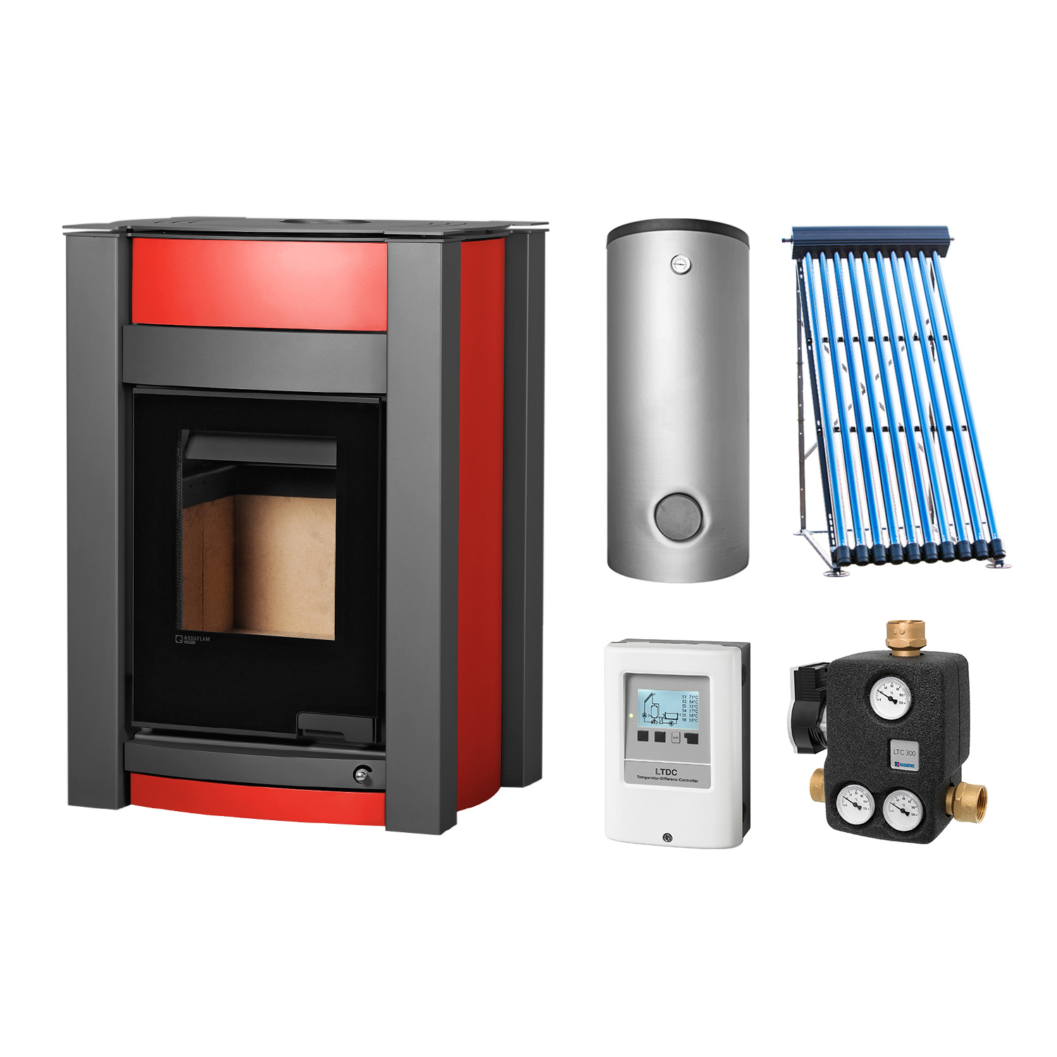 Aquaflam Vario Kalmar Basic Red Set + Solarthermie-Set 2 (11 m²) + Pufferspeicher TPSR 600 + SWT