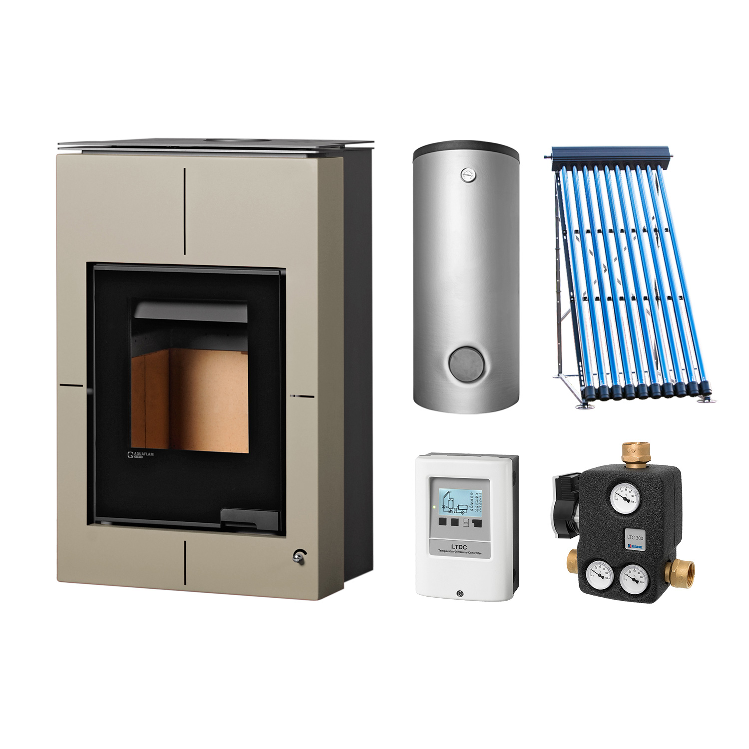 Aquaflam Vario Saporo Basic Olive Wasserführender Kaminofen Komplett-Set + Solarthermie-Set 2 (11 m²) + Hygienespeicher SHS 550 + 1 SWT