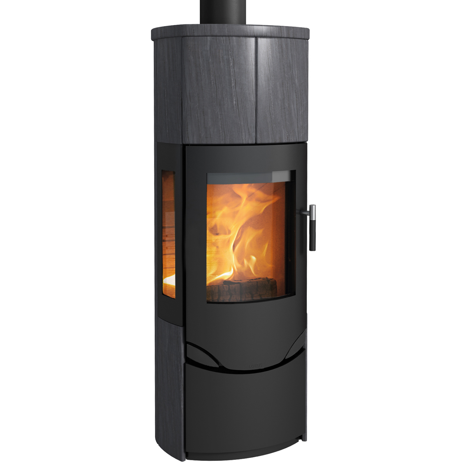 Lotus Prio M Kaminofen Schwarz / Indian Night / Seitenglas, inkl. PowerStones, RR hinten od. RR oben