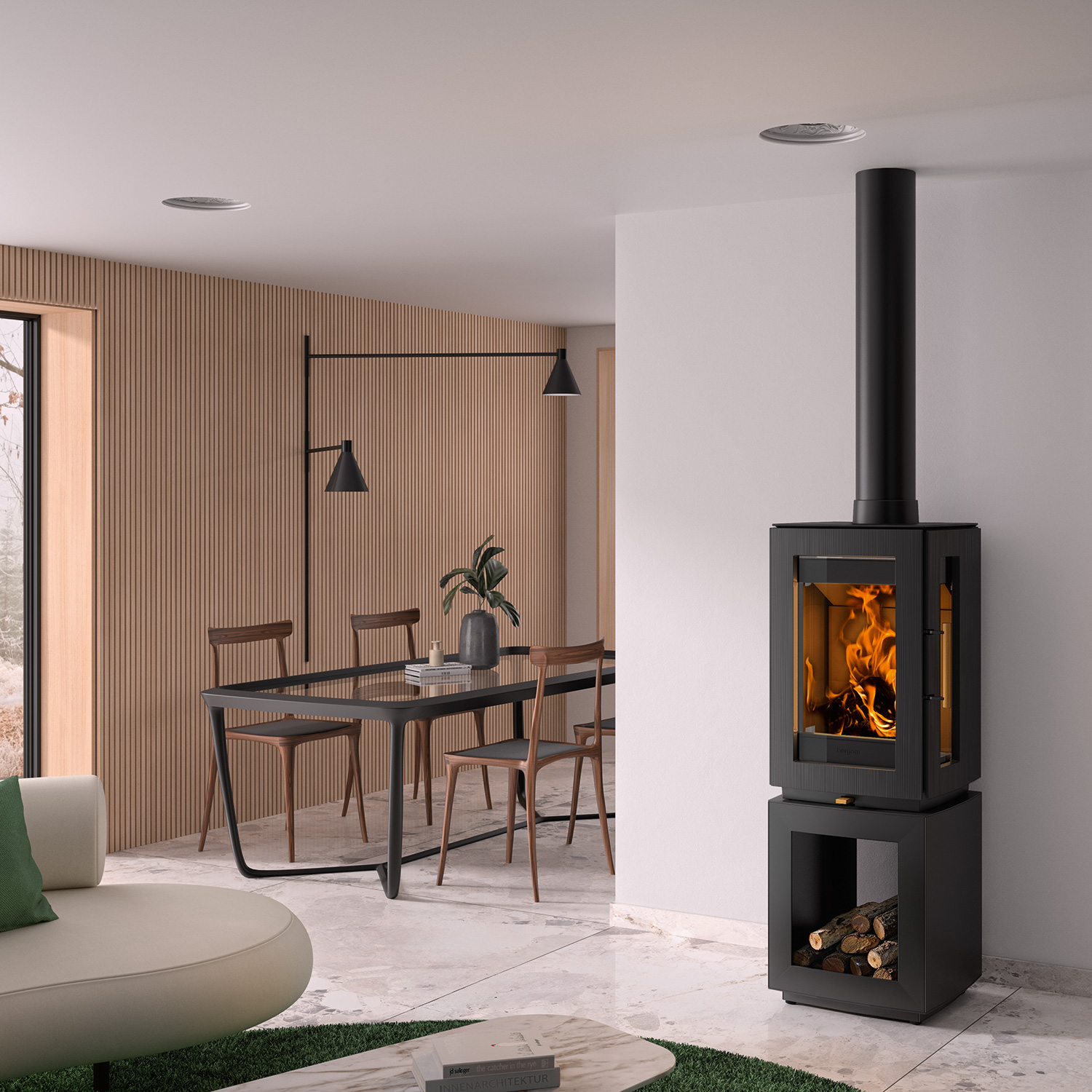 Hergom Glow Kaminofen Gusseisen Schwarz mit Holzlagerfach Hergom Glow Kaminofen Gusseisen Schwarz mit Holzlagerfach