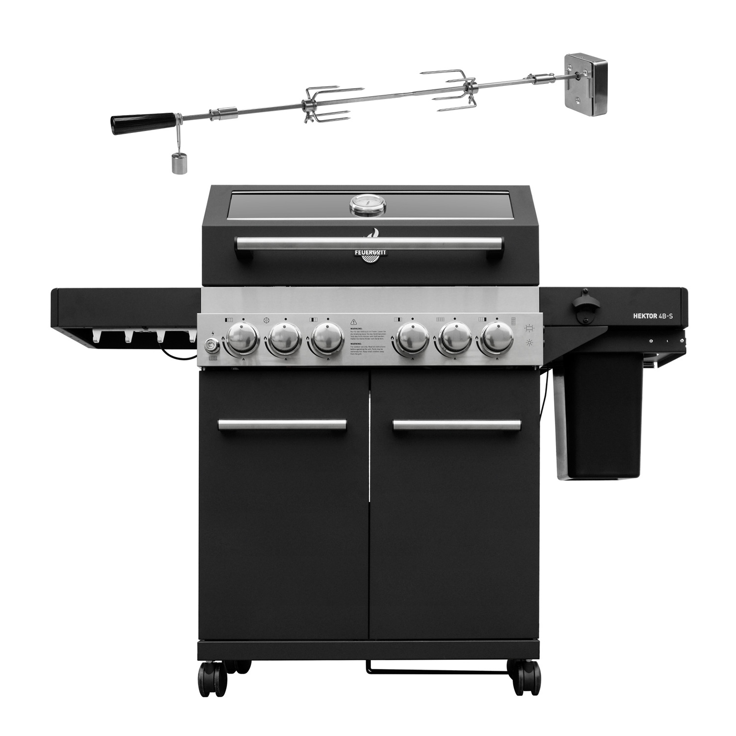 FEUERGOTT Gas-Grillstation Hektor 4B-S Pizza Set mit Abdeckhaube, Drehspieß, Pizzastein, Grillutensilien, Pizzaschneider, Infrarotbrenner, Heckbrenner, Seitenkocher