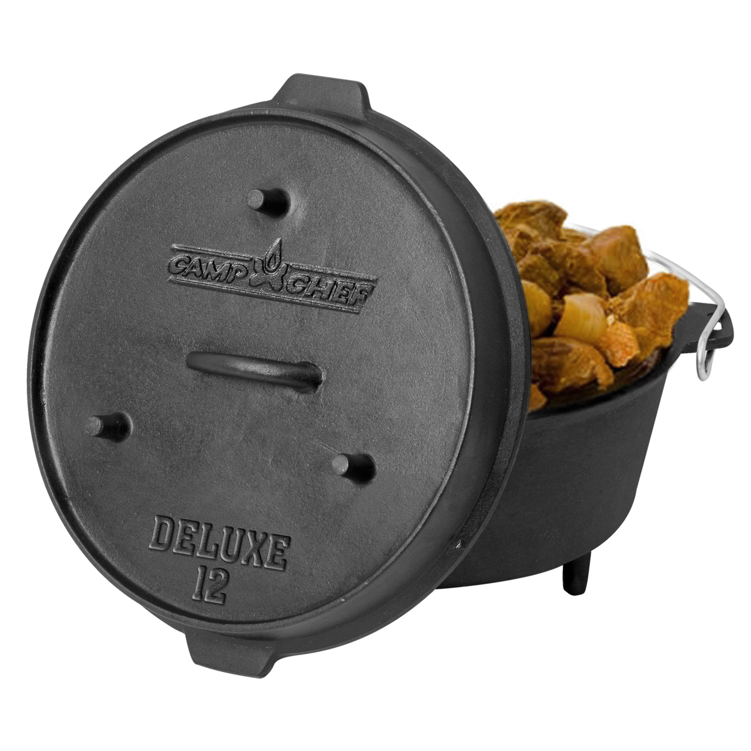 Camp Chef Deluxe Dutch Oven DO-12 mit 4 kg Tom Coco Grill-Kokoskohle Briketts und Feuergott Anzündkamin