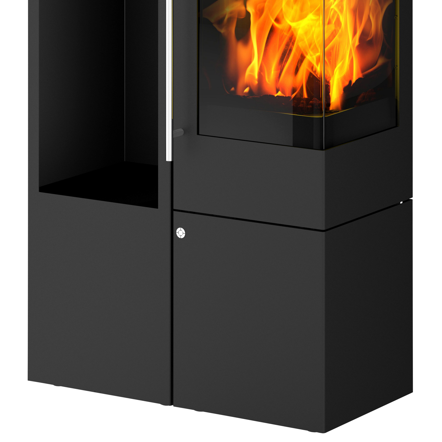 Olsberg Ipala Smart Compact Kaminofen Stahl schwarz, Türanschlag rechts, Stahltür mit Speicheraufsatz und Holzregal links