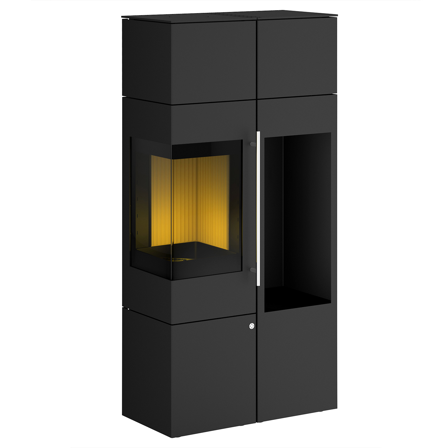Olsberg Ipala Smart Compact Kaminofen Türanschlag links mit Holzregal und PowerBloc!-Aufsatz inkl. PowerBloc!