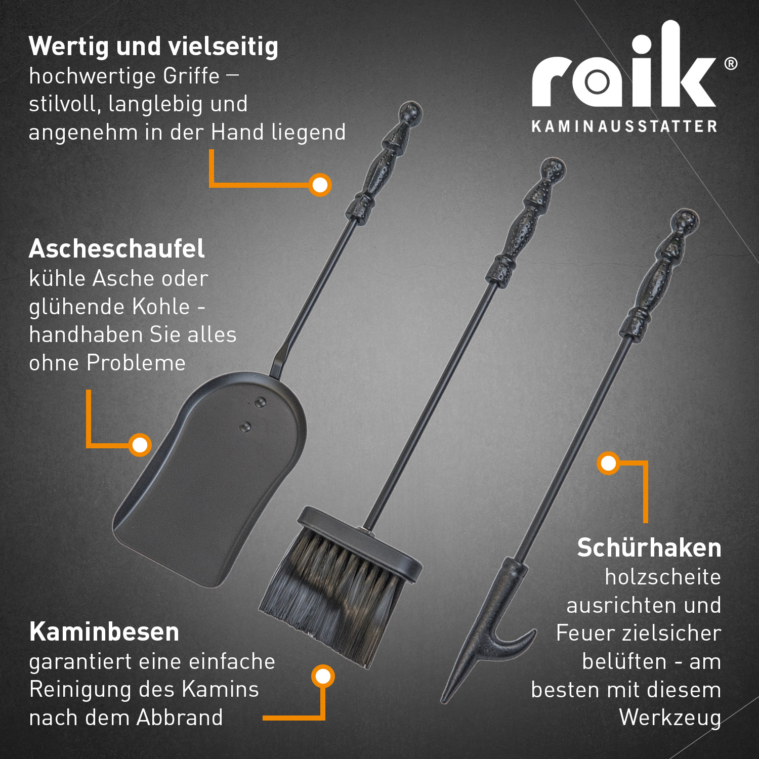 Raik Kaminbesteck Ritter Hubert, schwarz, 4tlg.