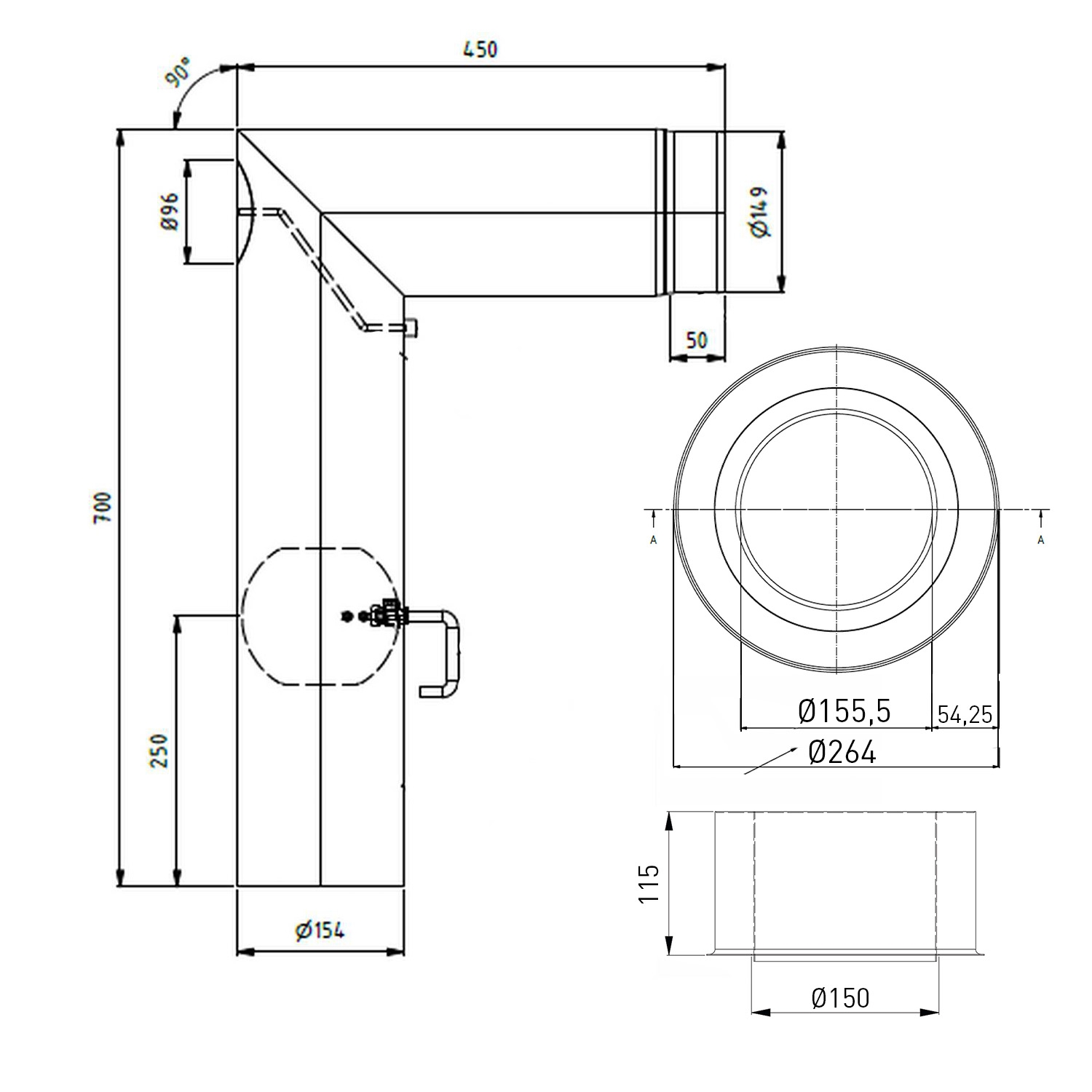Raik WBG Set Lifestyle Durchmesser 150/90° 2,00mm 2-tlg 700/450 mit eingelegter Tür, mit DKL mit Dichtung schwarz für Rauchrohr/ Ofenrohr