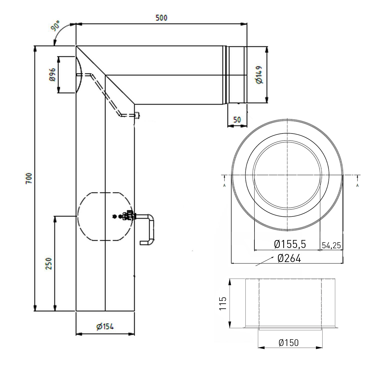 Raik WBG Set Lifestyle Durchmesser 150/90° 2,00mm 2-tlg 700/500 mit eingelegter Tür, mit DKL mit Dichtung schwarz für Rauchrohr/ Ofenrohr