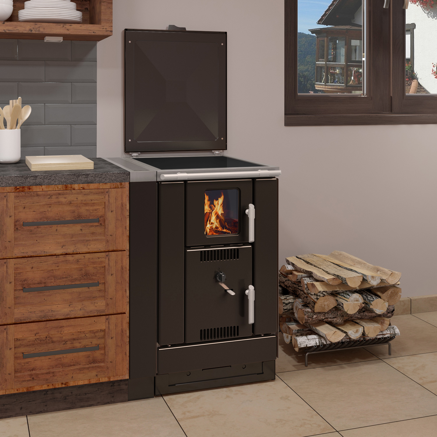 Wamsler K 158 F wasserführender Küchenherd Emailliert schwarz/ matt, Ceranfeld