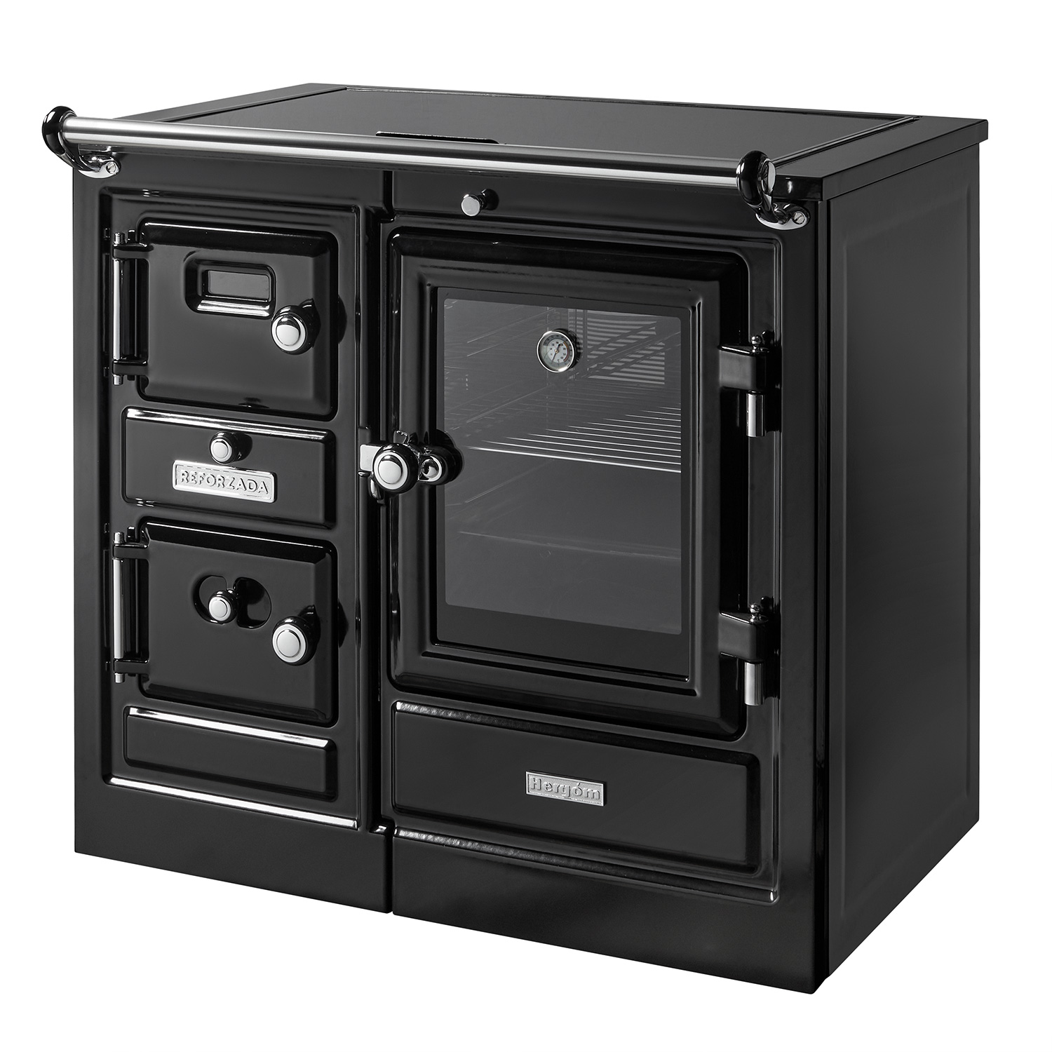 Hergom Saja 7/90 CC SE wasserführender Küchenofen Gusseisen schwarz, Herdplatte Glaskeramik, RR hinten