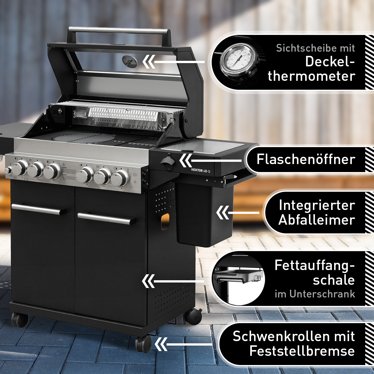 Feuergott Gas-Grillstation Hektor 4B-S All Inclusive mit Abdeckhaube, Drehspieß und 4-teiligem Grillbesteck