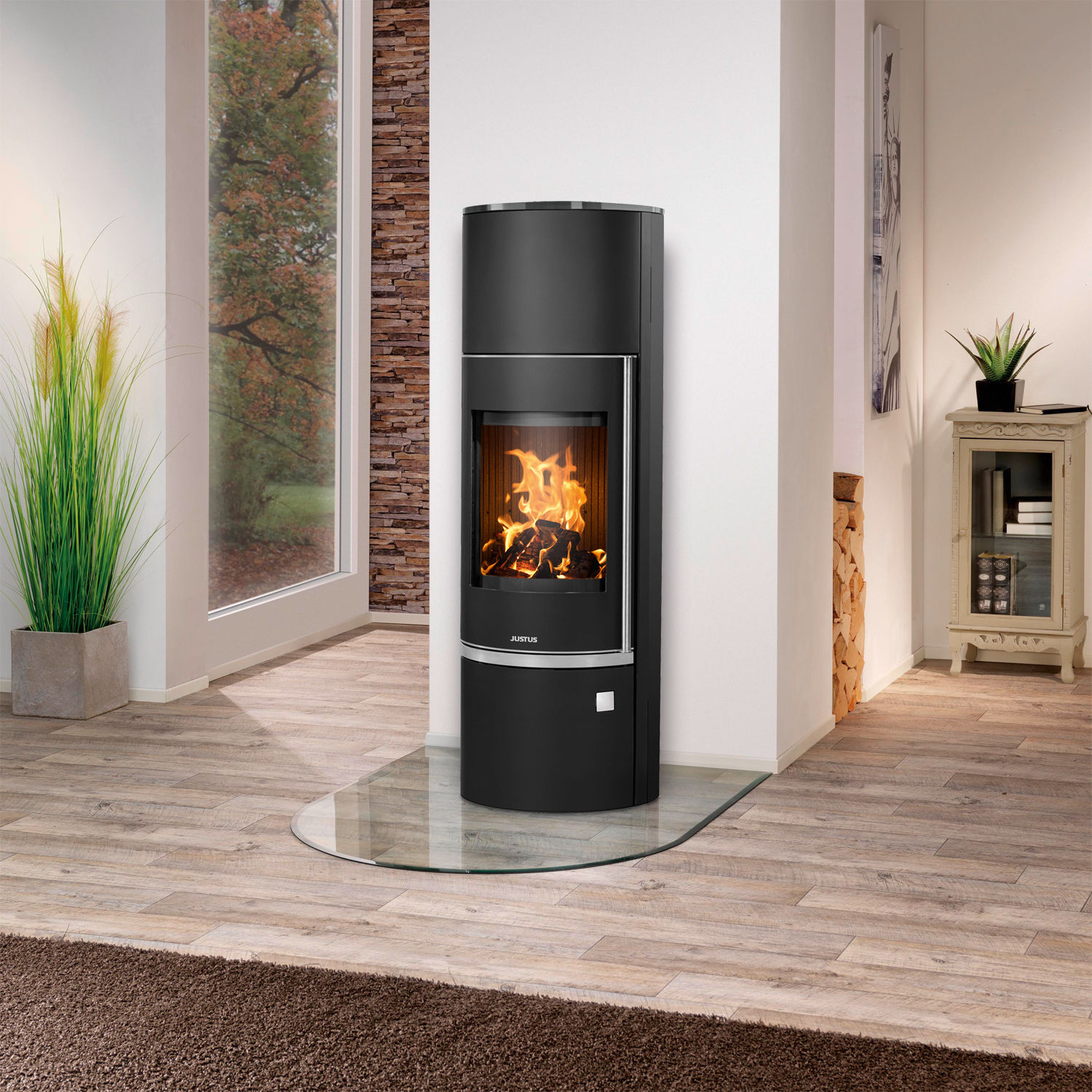Justus Faro W+ 2.0 Kaminofen Stahl Schwarz mit Glas-Abdeckplatte